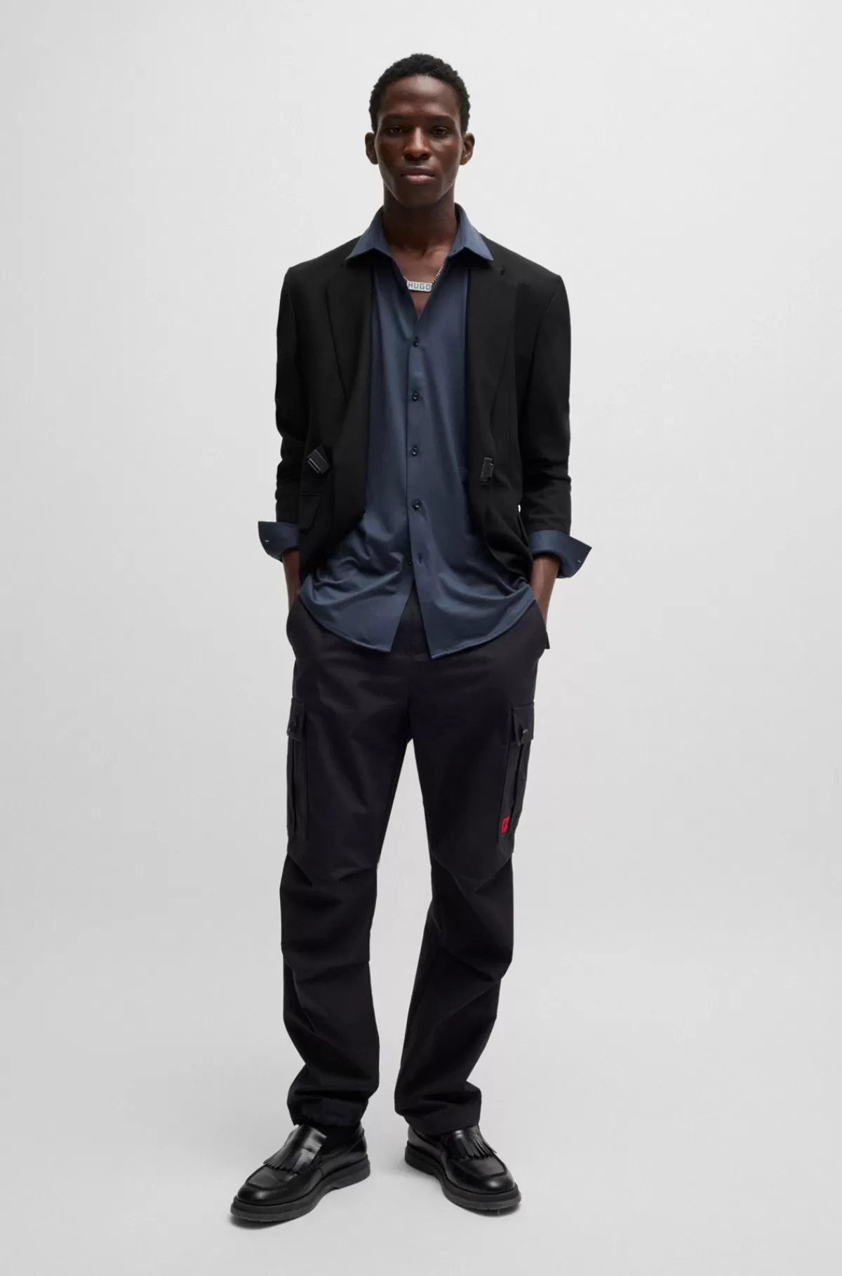HUGO BOSS Skjorte Med Slim Fit I Jersey Med Print Og Performance-stræk Mørkeblå Clearance