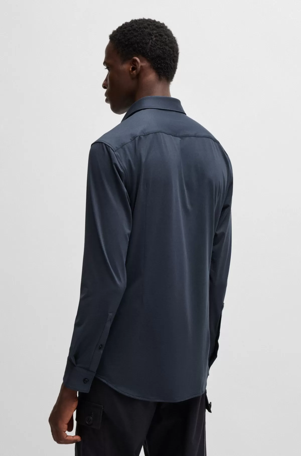 HUGO BOSS Skjorte Med Slim Fit I Jersey Med Print Og Performance-stræk Mørkeblå Clearance