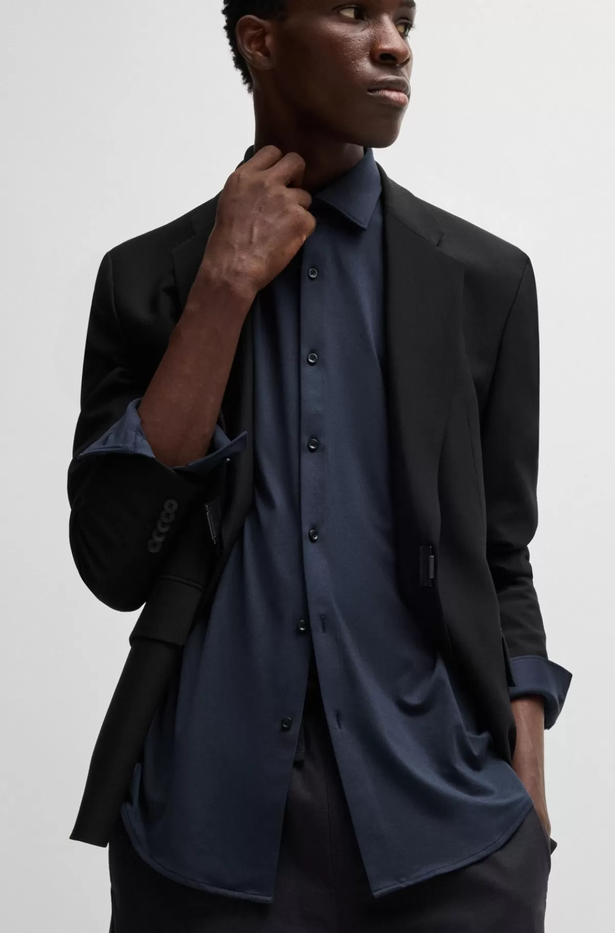 HUGO BOSS Skjorte Med Slim Fit I Jersey Med Print Og Performance-stræk Mørkeblå Clearance