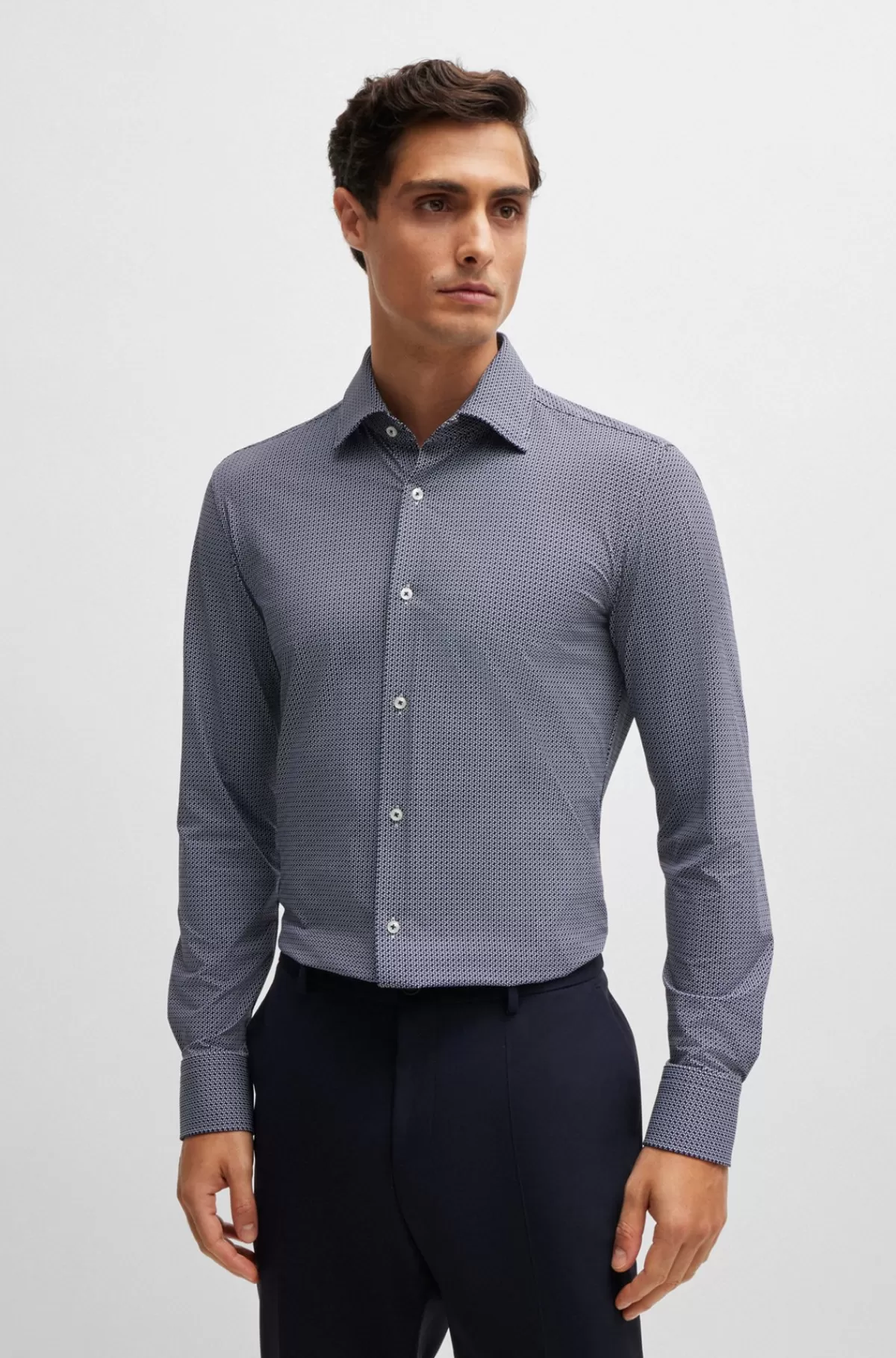 HUGO BOSS Skjorte Med Slim Fit I Materiale Med Performance-stræk Og Geometrisk Print Mørkeblå Sale
