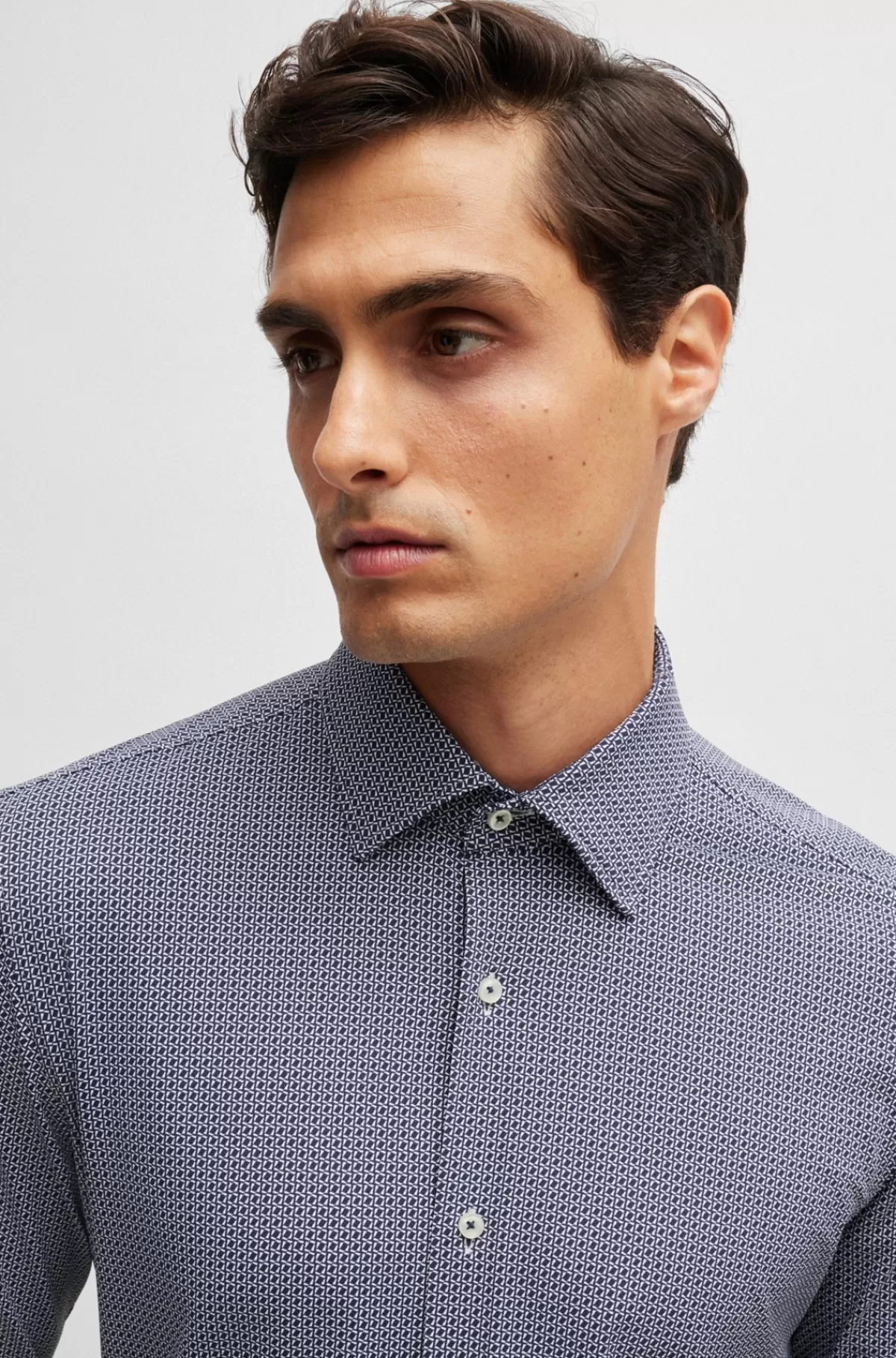 HUGO BOSS Skjorte Med Slim Fit I Materiale Med Performance-stræk Og Geometrisk Print Mørkeblå Sale