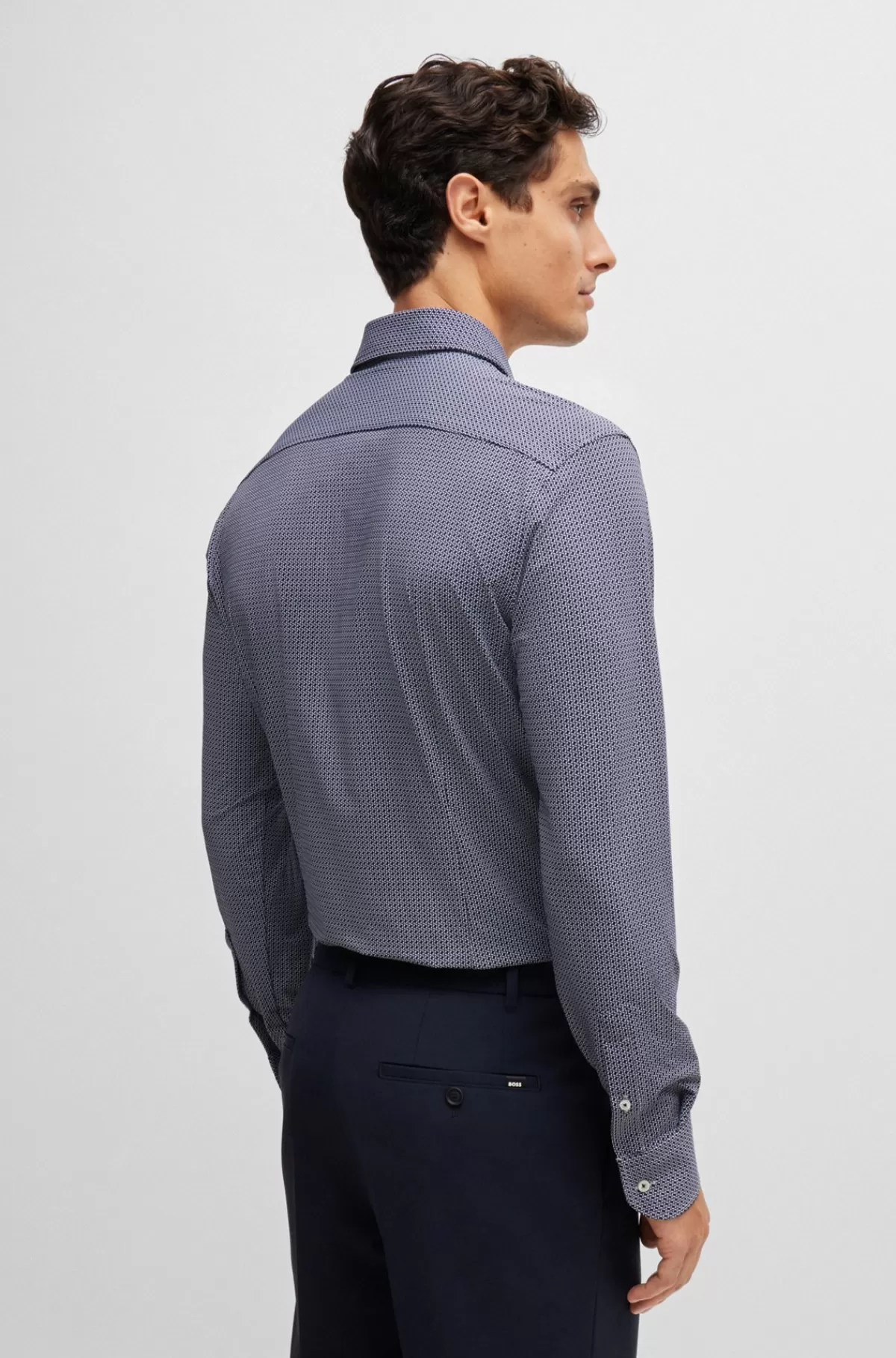 HUGO BOSS Skjorte Med Slim Fit I Materiale Med Performance-stræk Og Geometrisk Print Mørkeblå Sale