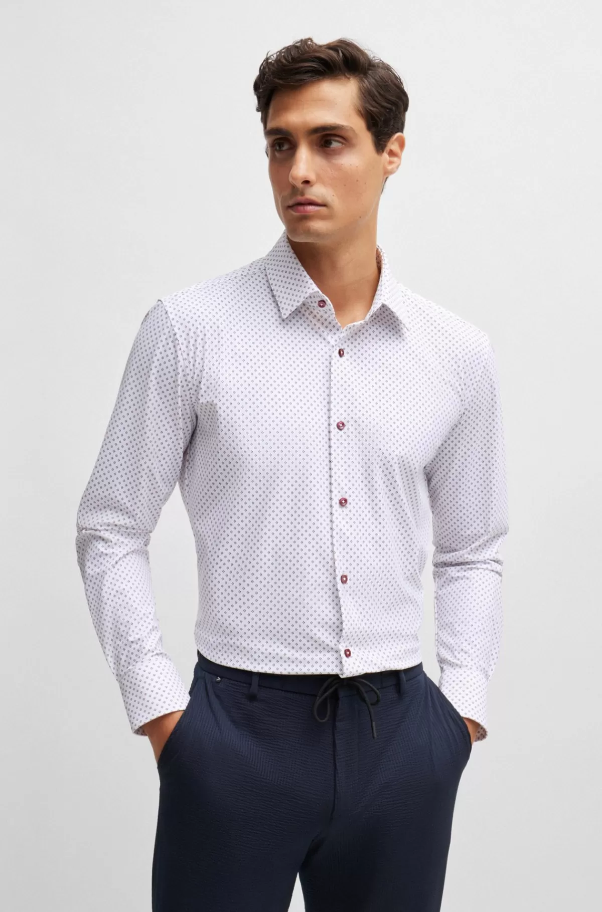 HUGO BOSS Skjorte Med Slim Fit I Performance-materiale Med Stræk Og Print Hvid Shop