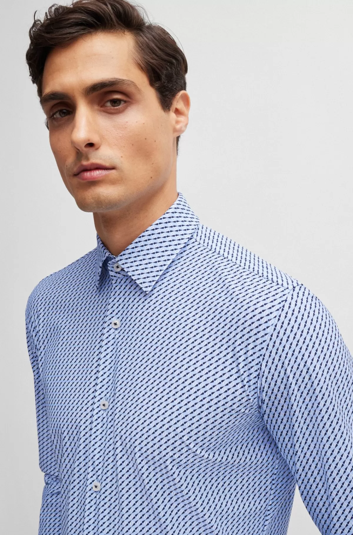 HUGO BOSS Skjorte Med Slim Fit I Performance-materiale Med Stræk Og Print Lyseblå Store
