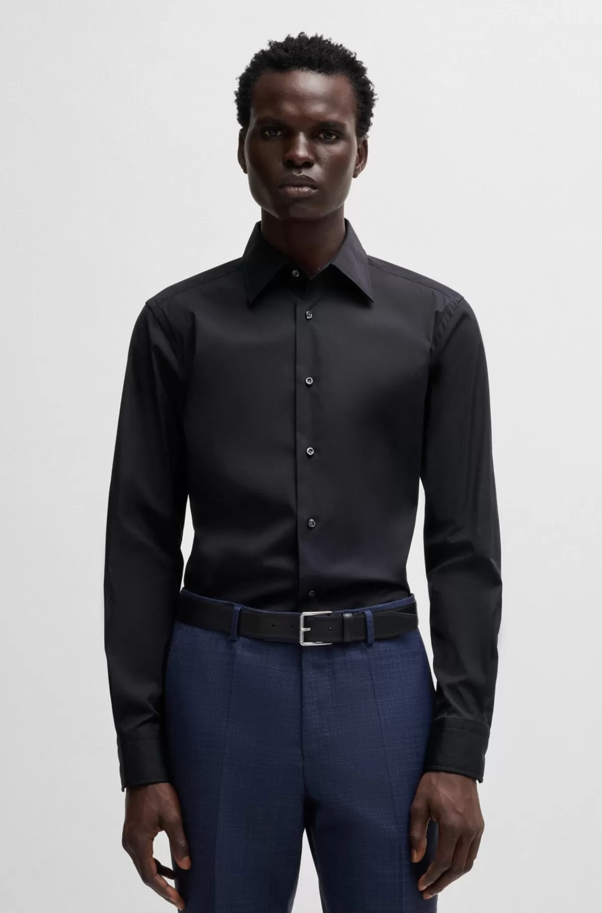 HUGO BOSS Skjorte Med Slim Fit I Poplin Af Bomuldsblanding Med Stræk Mørkeblå Outlet