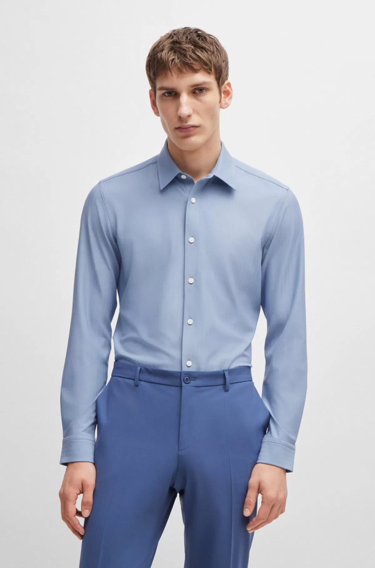 HUGO BOSS Skjorte Med Slim Fit I Sildebensvævet Materiale Med Performance-stræk Lyseblå Best