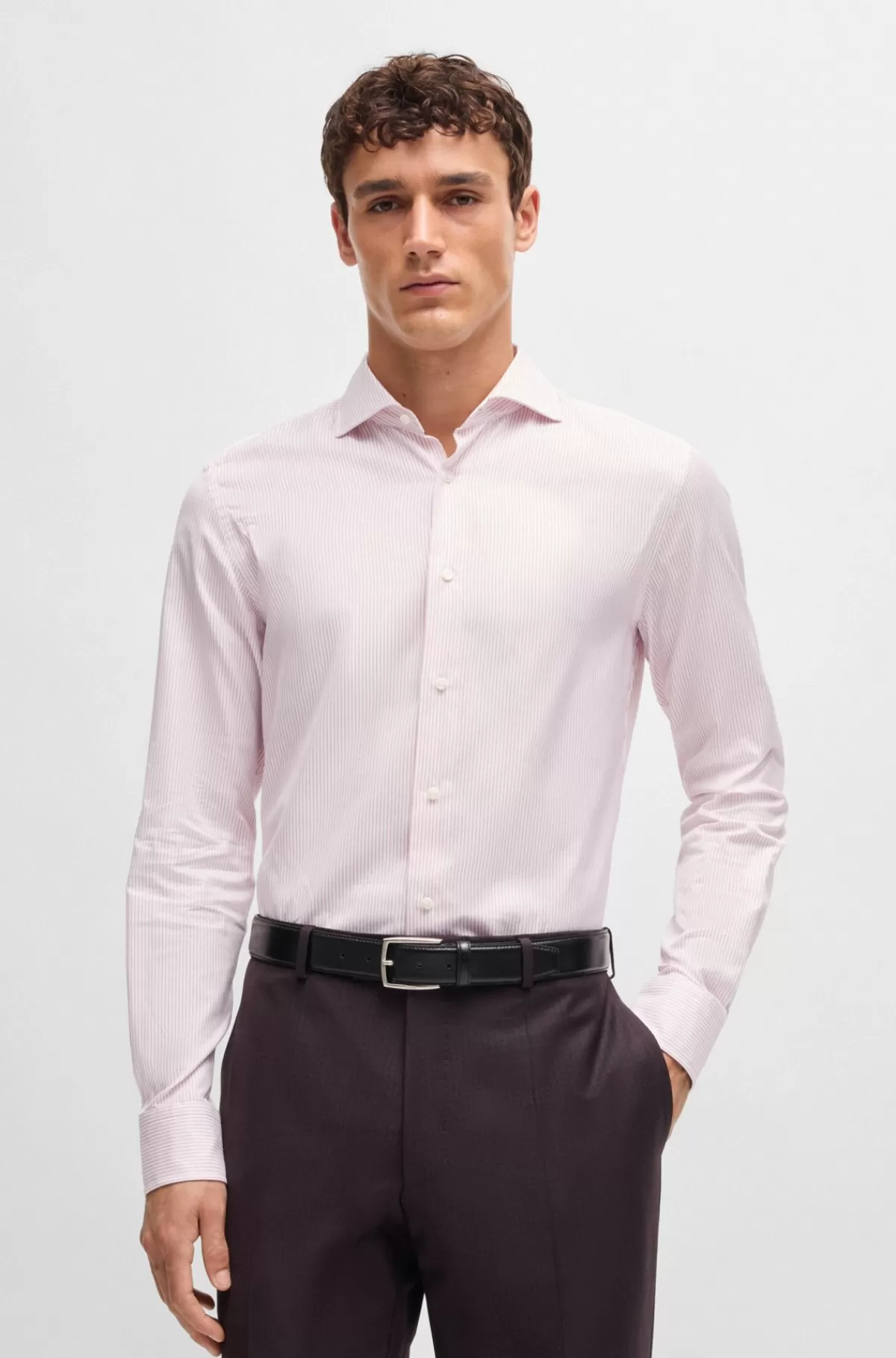 HUGO BOSS Skjorte Med Slim Fit I Stribet Bomuld Med Viftekrave Lyserød mønstret Online