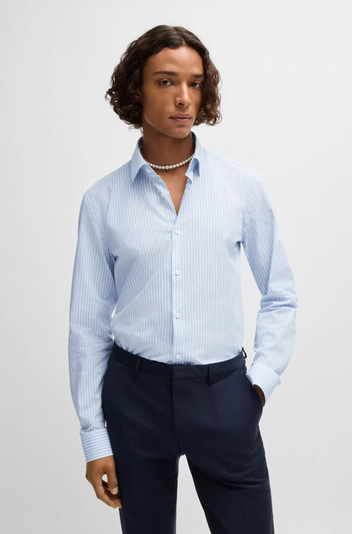 HUGO BOSS Skjorte Med Slim Fit I Stribet Bomuldspoplin Lyseblå Best