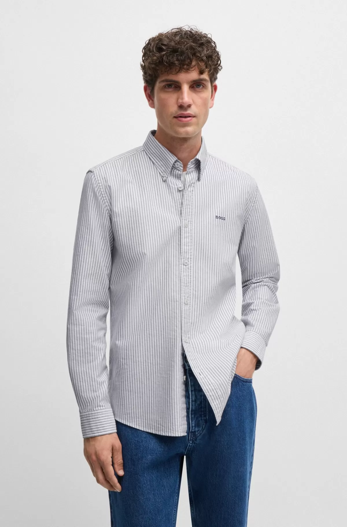 HUGO BOSS Skjorte Med Slim Fit I Stribet Oxfordbomuld Mørkeblå Online