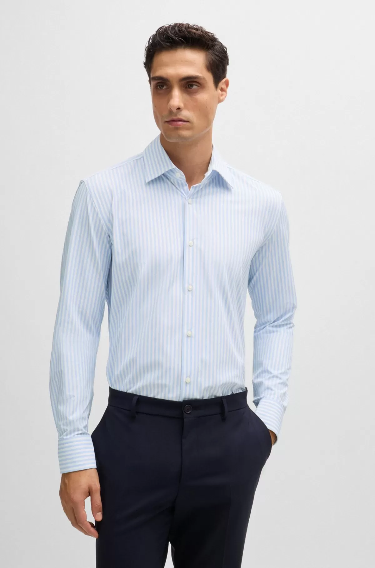 HUGO BOSS Skjorte Med Slim Fit I Stribet Performance-stof Med Stræk Lyseblå Best