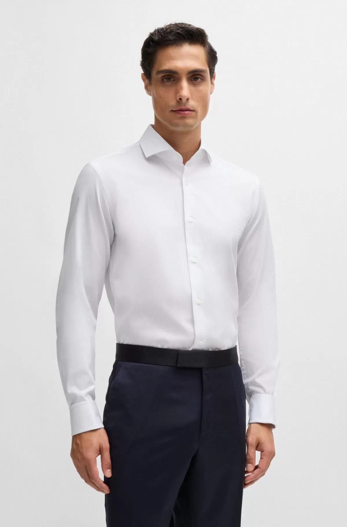 HUGO BOSS Skjorte Med Slim Fit I Strygelet Bomuld Med Dobbyvævning Og Stræk Hvid Outlet