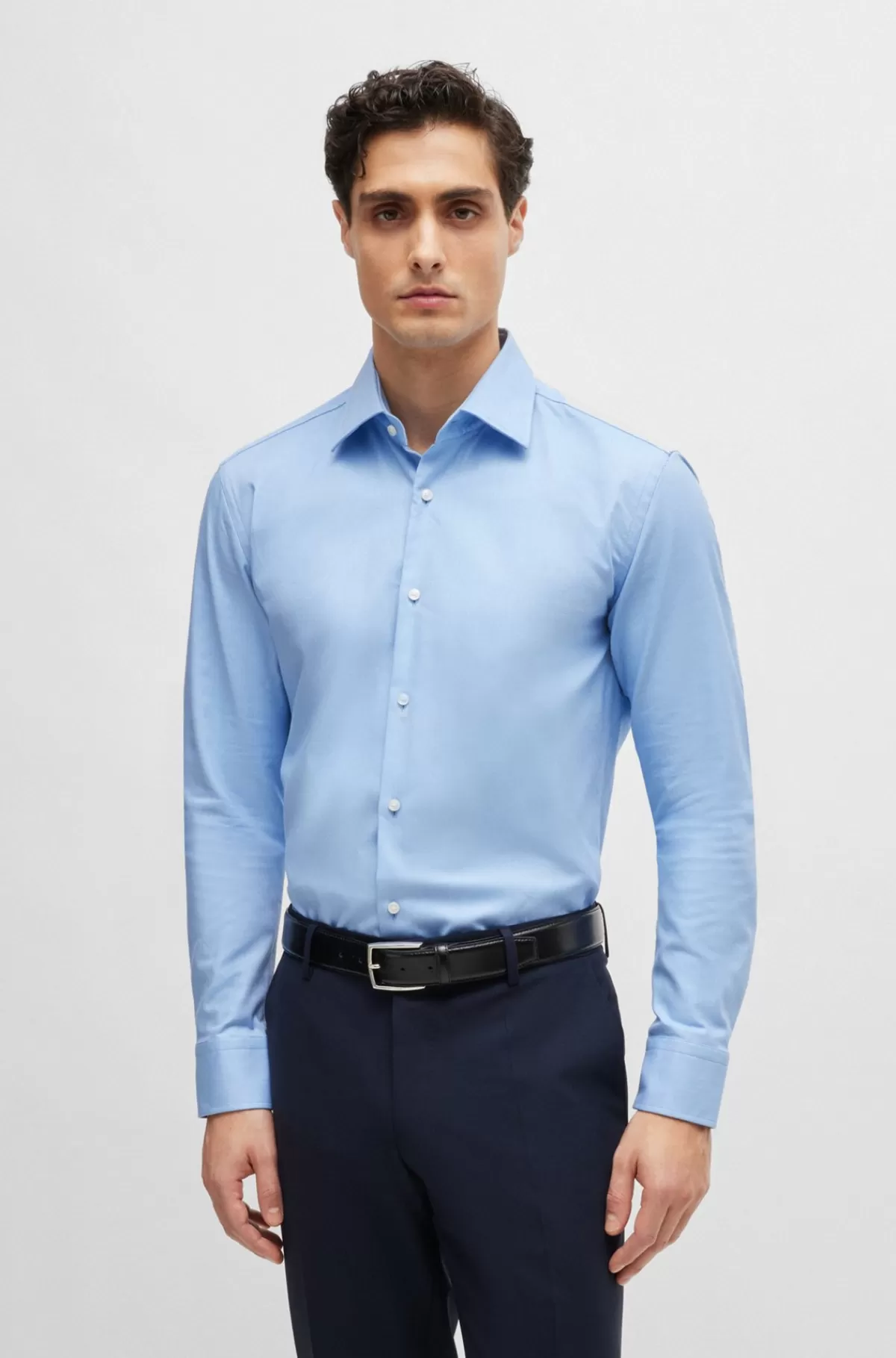 HUGO BOSS Skjorte Med Slim Fit I Strygelet Bomuldstwill Med Stræk Lyseblå New