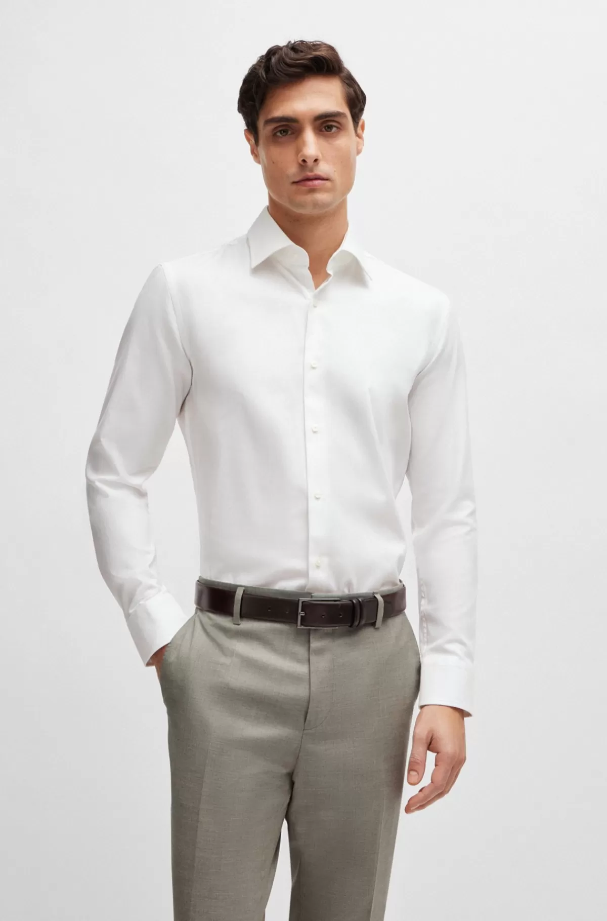 HUGO BOSS Skjorte Med Slim Fit I Strygelet Bomuldstwill Med Stræk Hvid Outlet