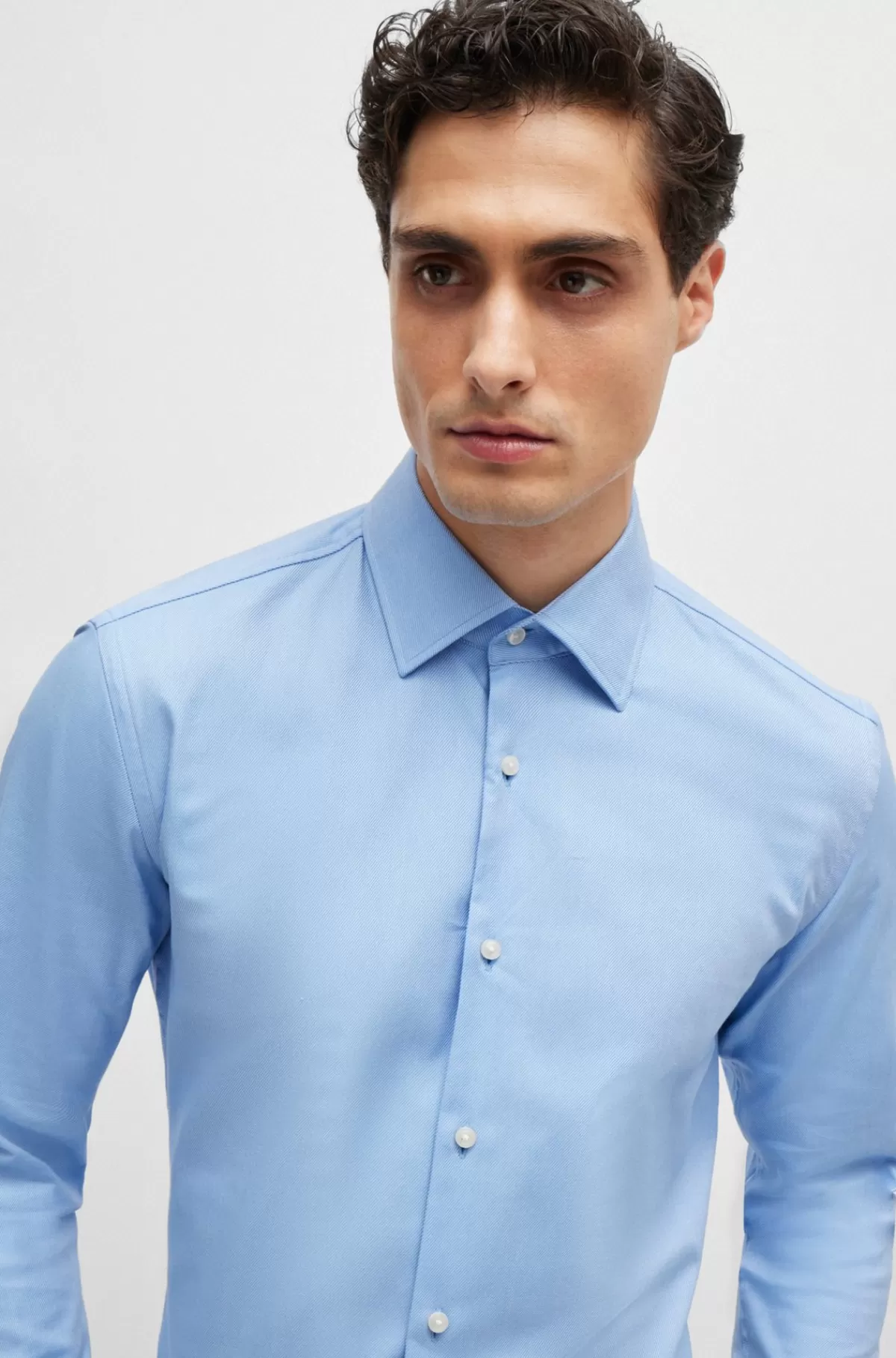 HUGO BOSS Skjorte Med Slim Fit I Strygelet Bomuldstwill Med Stræk Lyseblå New