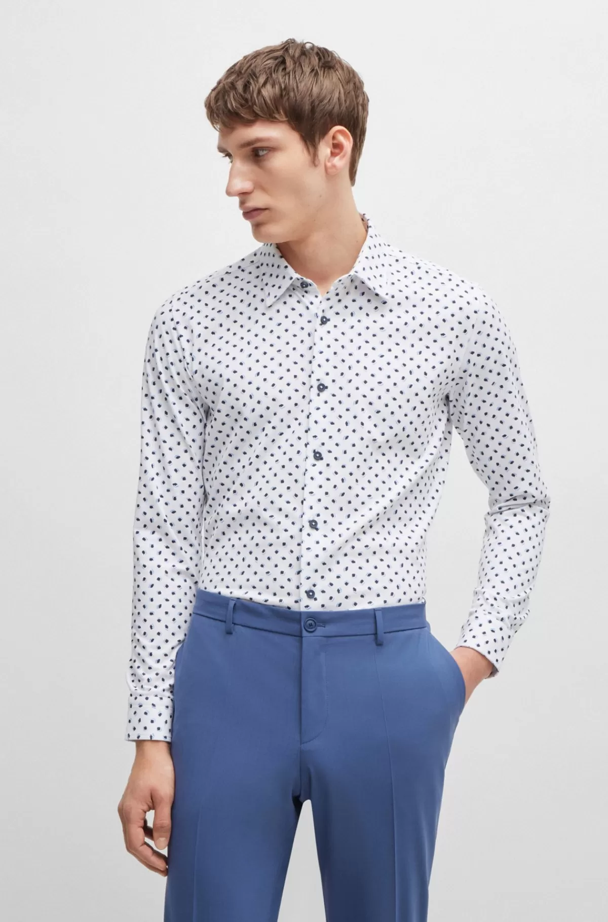 HUGO BOSS Skjorte Med Slim Fit Og Print I Jersey Af Bomuldsblanding Hvid Store