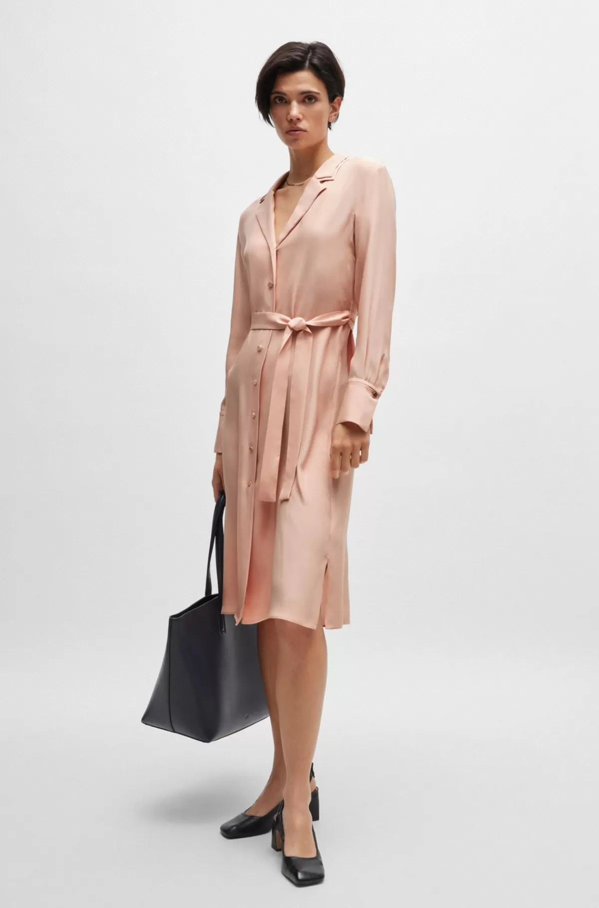 HUGO BOSS Skjortekjole I Mat Silke Med Bælte Lys pink Hot
