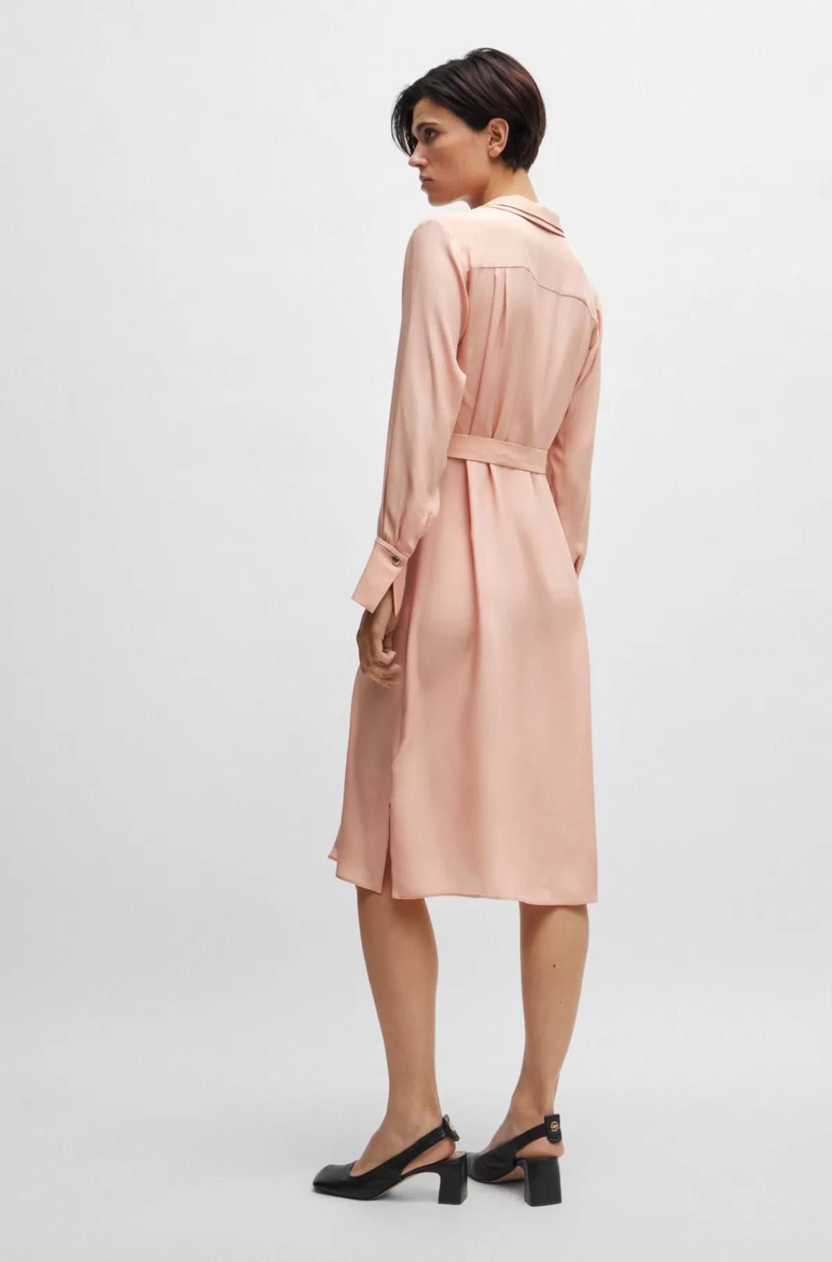 HUGO BOSS Skjortekjole I Mat Silke Med Bælte Lys pink Hot