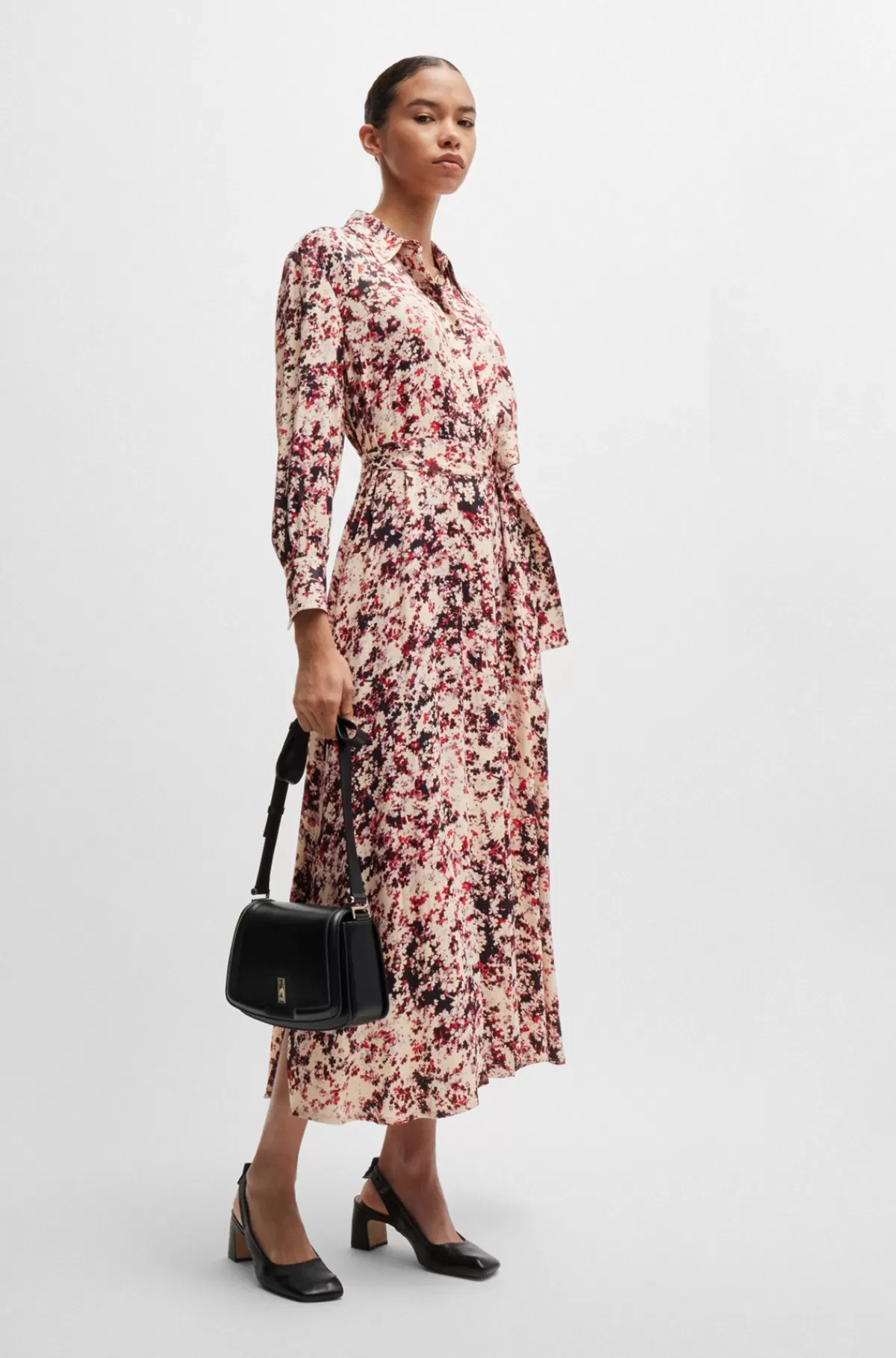 HUGO BOSS Skjortekjole Med Lange ærmer I Satin Med Blomsterprint Mønstret Shop