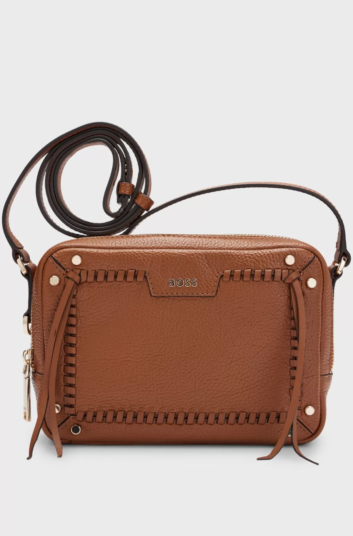 HUGO BOSS Skuldertaske I Læder Med Struktur Og Kastesting Brun Flash Sale