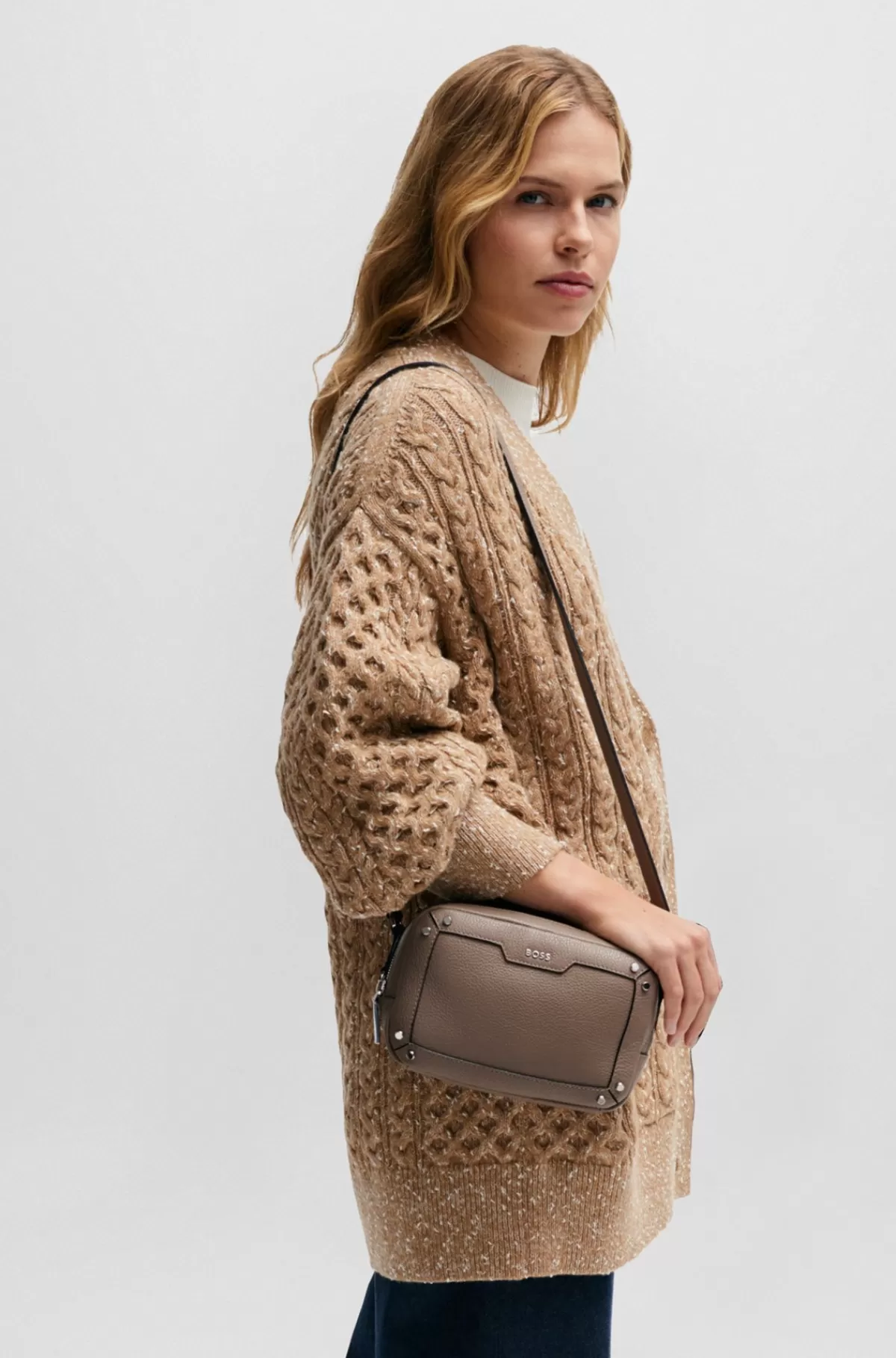HUGO BOSS Skuldertaske I Narvlæder Med Metalbranding Beige Fashion
