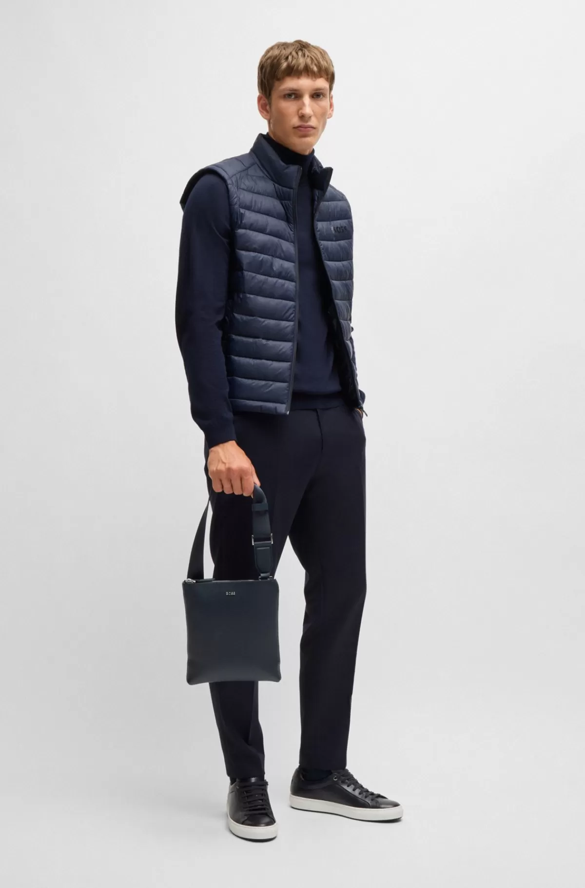 HUGO BOSS Skuldertaske I Struktureret Læder Med Logobogstaver Mørkeblå Flash Sale