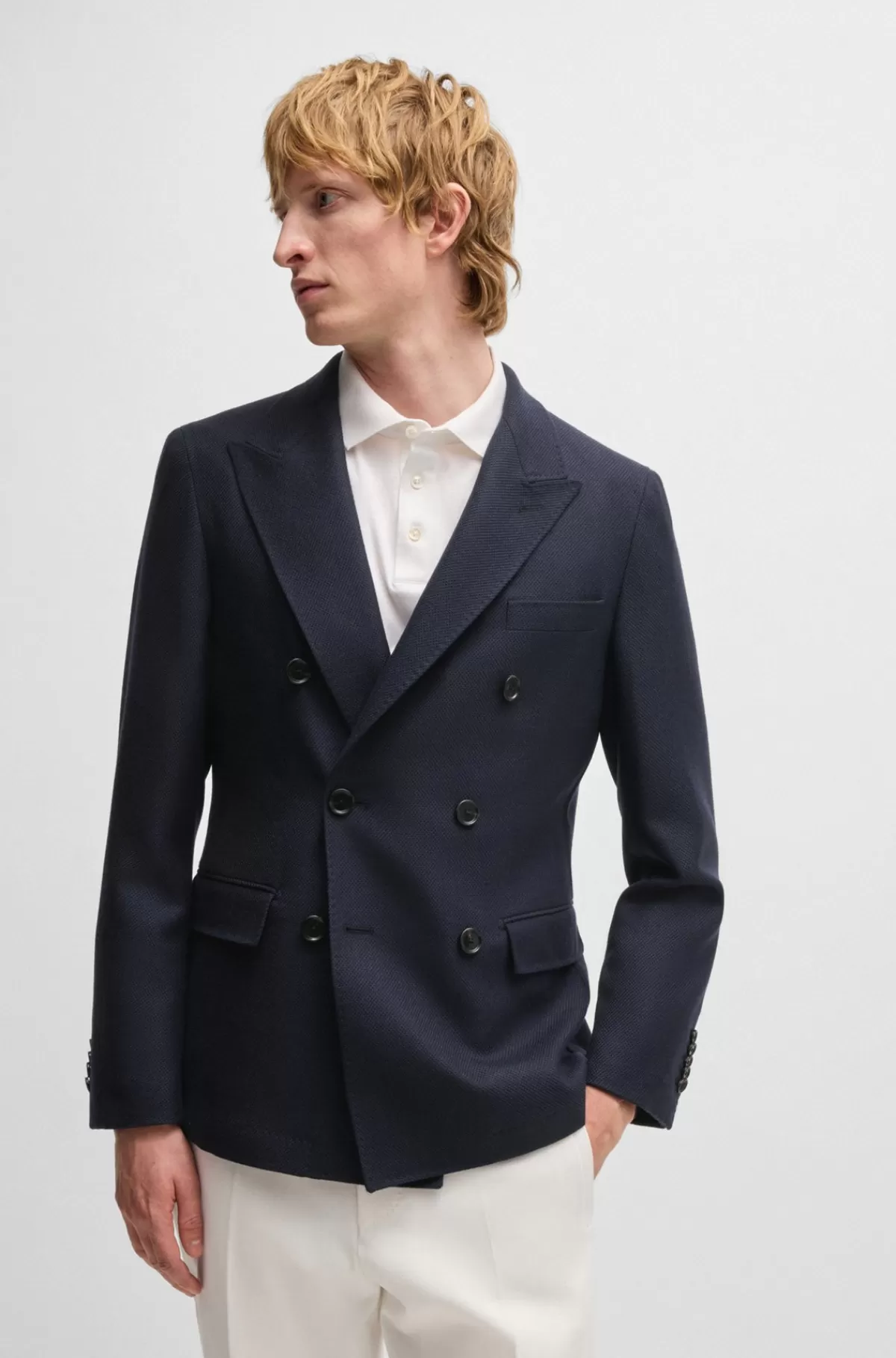 HUGO BOSS Slim Fit Blazer I Ny Uld Med Mikromønster Mørkeblå Best