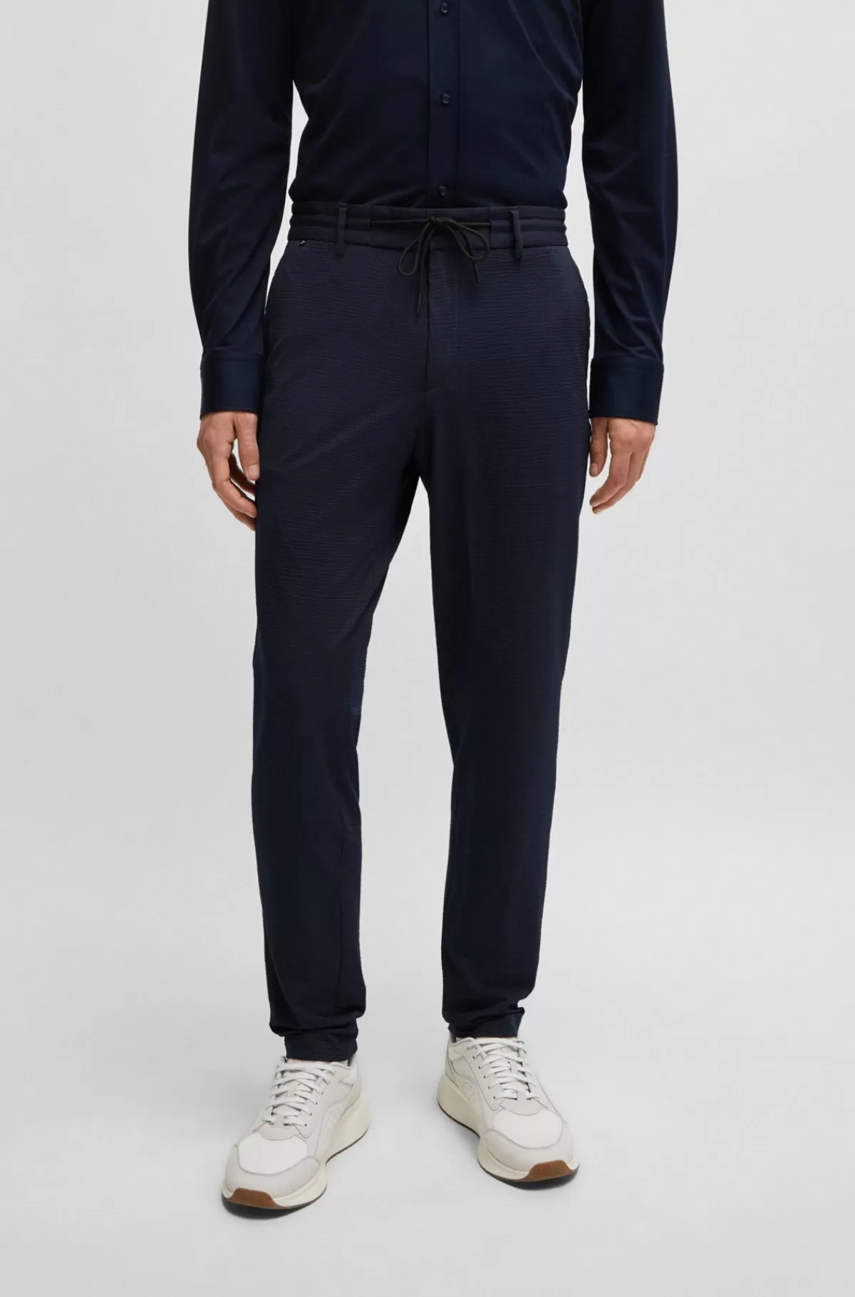 HUGO BOSS Slim Fit Bukser I Bæk Og Bølge Med Performance-stræk Mørkeblå Flash Sale