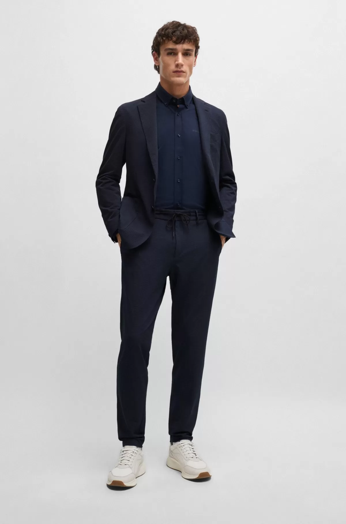 HUGO BOSS Slim Fit Bukser I Bæk Og Bølge Med Performance-stræk Mørkeblå Flash Sale