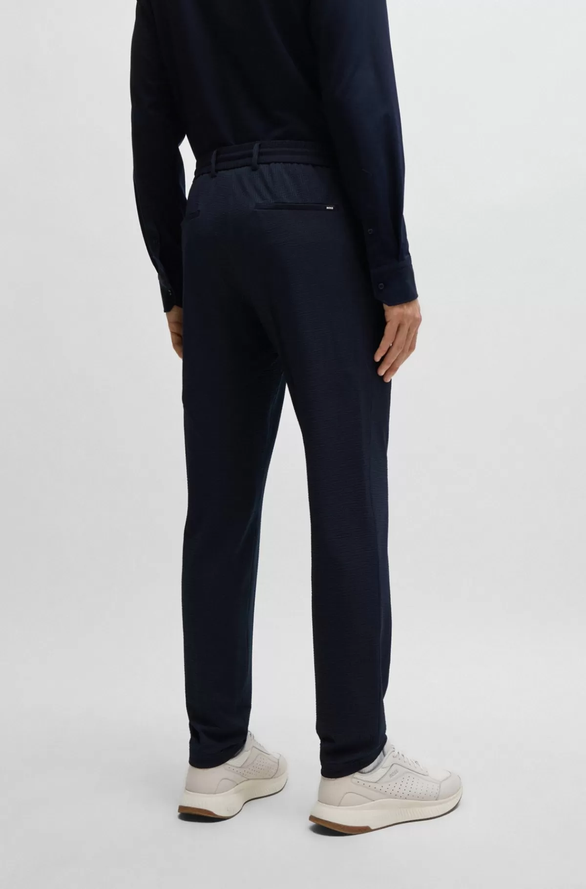 HUGO BOSS Slim Fit Bukser I Bæk Og Bølge Med Performance-stræk Mørkeblå Flash Sale