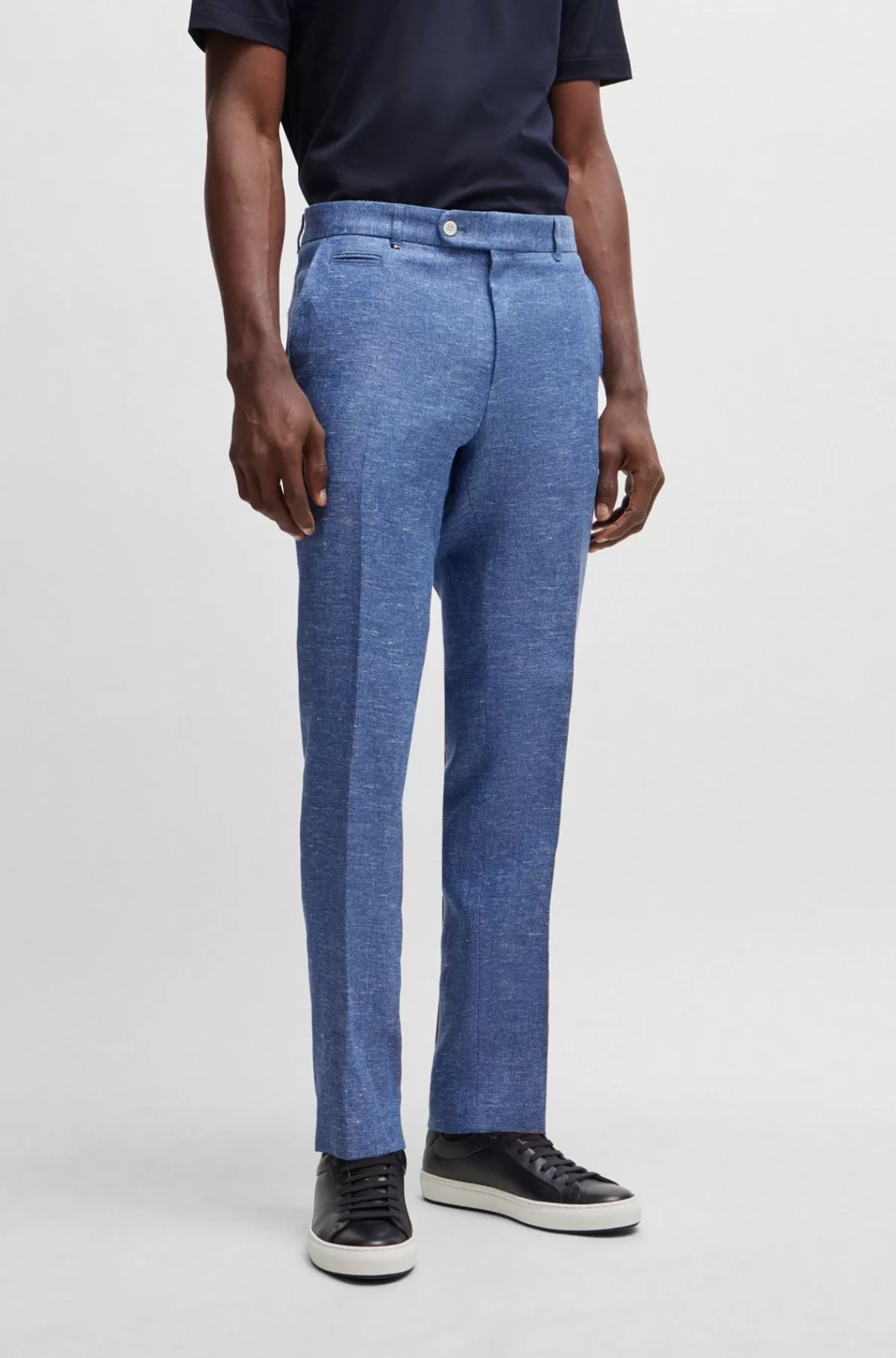 HUGO BOSS Slim Fit Bukser I En Mikromønstret Hørblanding Blå Sale