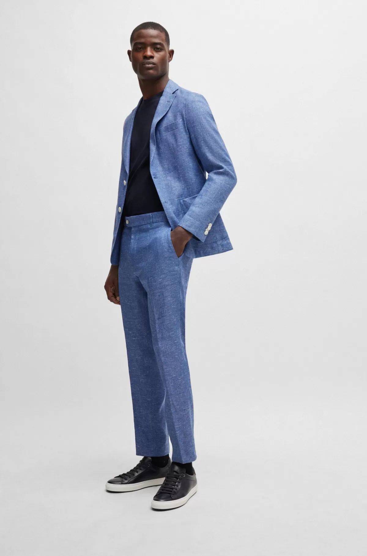 HUGO BOSS Slim Fit Bukser I En Mikromønstret Hørblanding Blå Sale