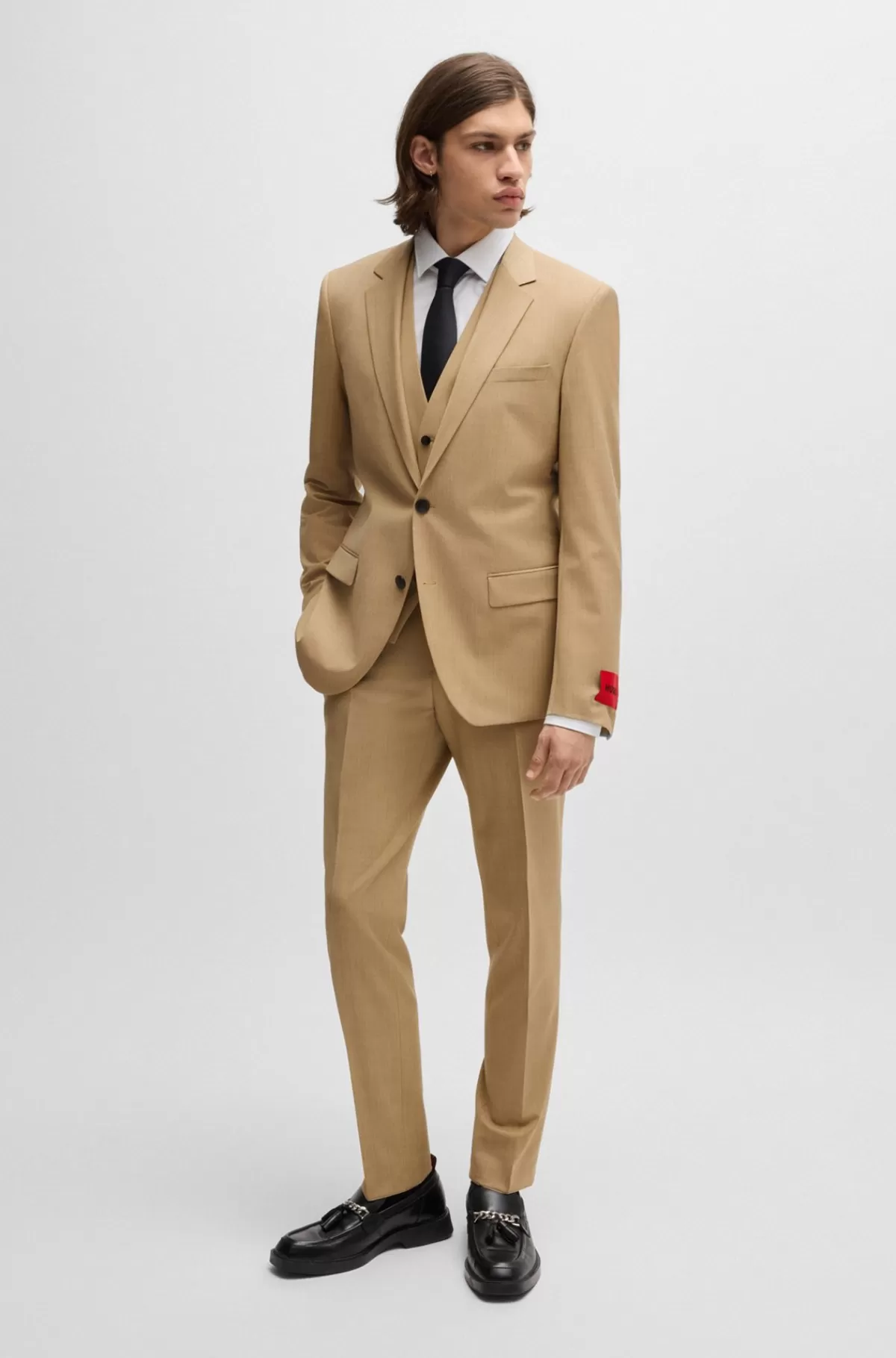 HUGO BOSS Slim Fit Bukser I Mønstret Superfleksibelt Stof Beige Online