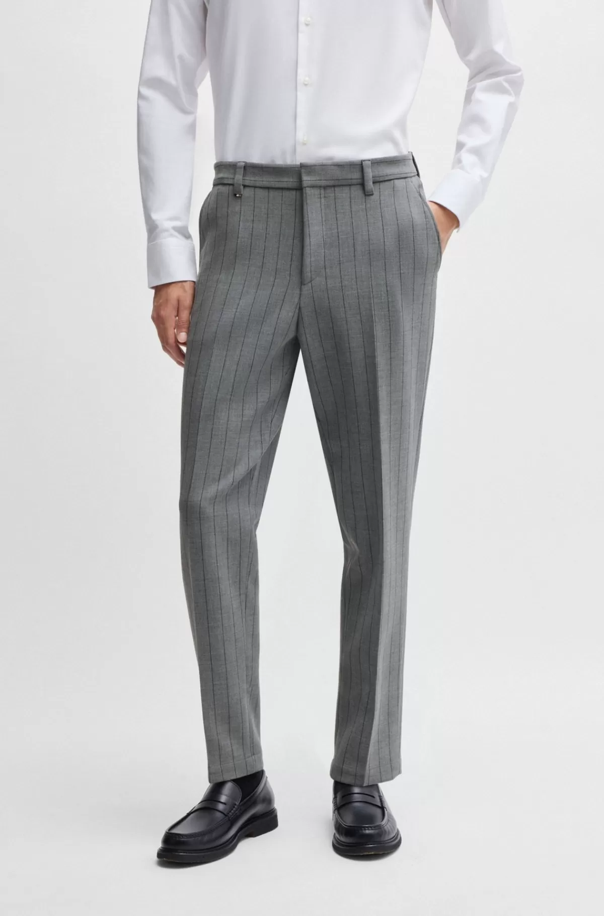 HUGO BOSS Slim Fit Bukser I Nålestribet Stof Med Stræk Grå New