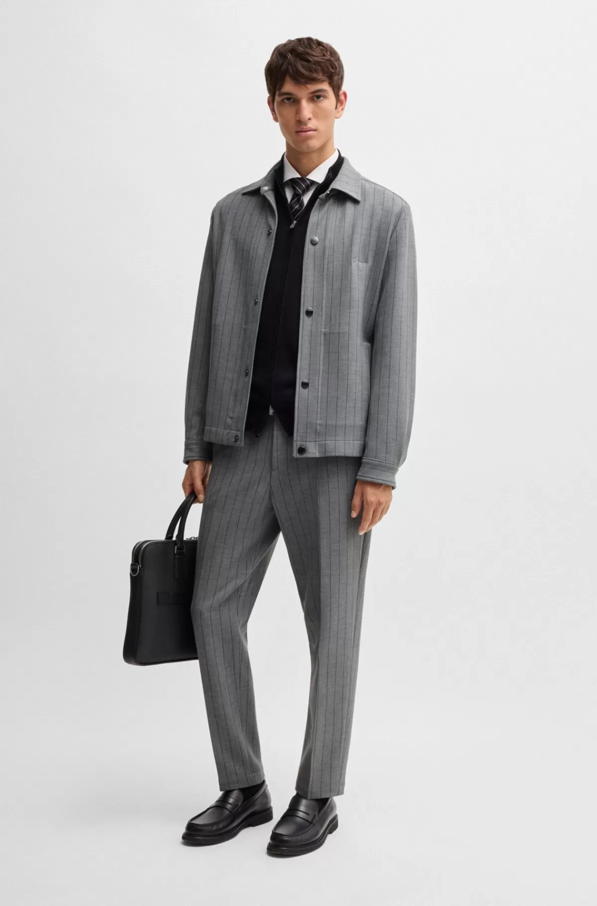 HUGO BOSS Slim Fit Bukser I Nålestribet Stof Med Stræk Grå New