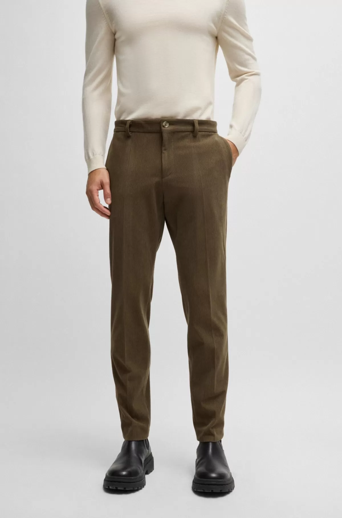 HUGO BOSS Slim Fit Bukser I Performance-fløjl Med Stræk Kaki Best