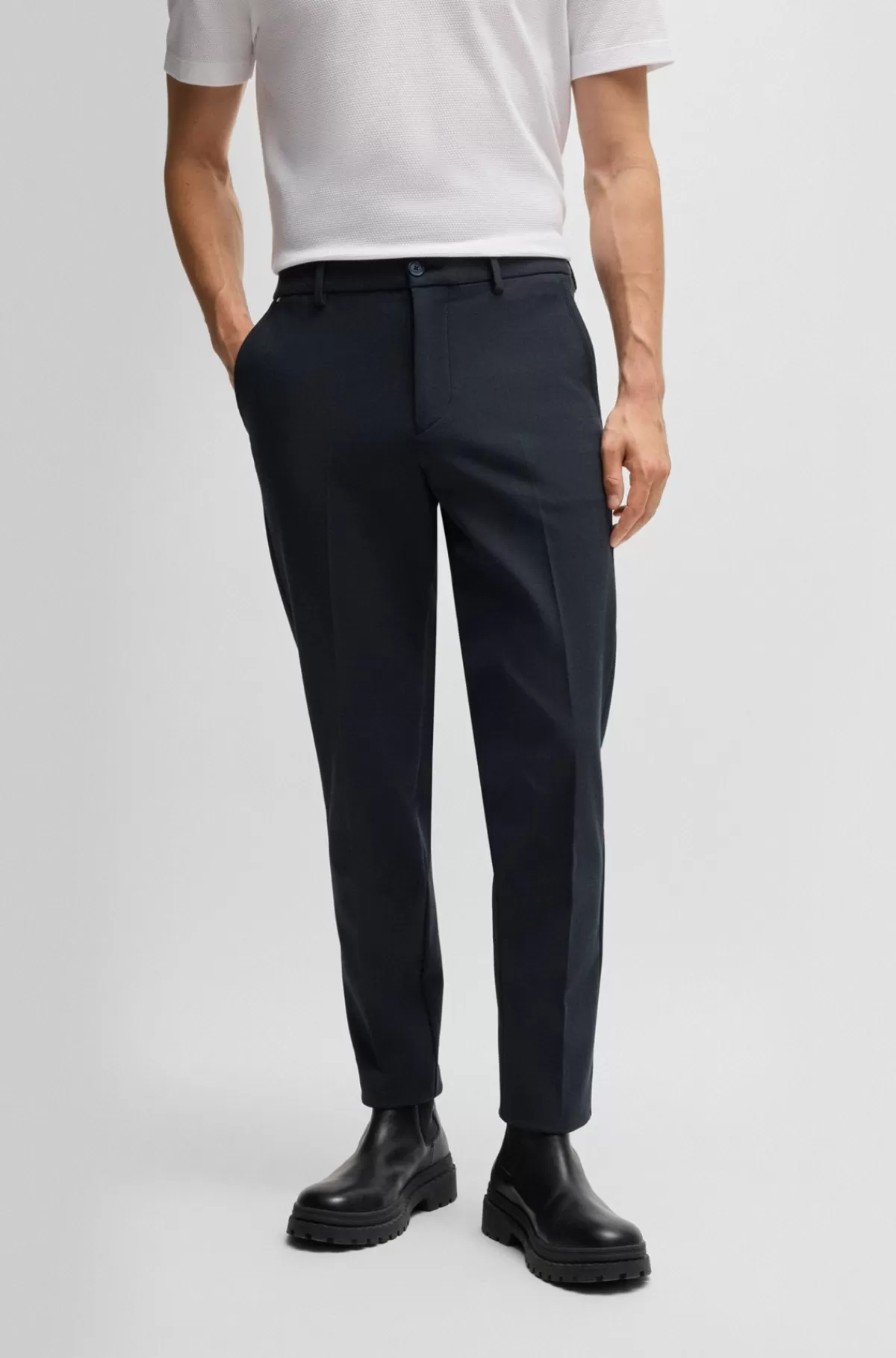 HUGO BOSS Slim Fit Bukser I Stof Med Stræk Og Mikromønster Mørkeblå Online