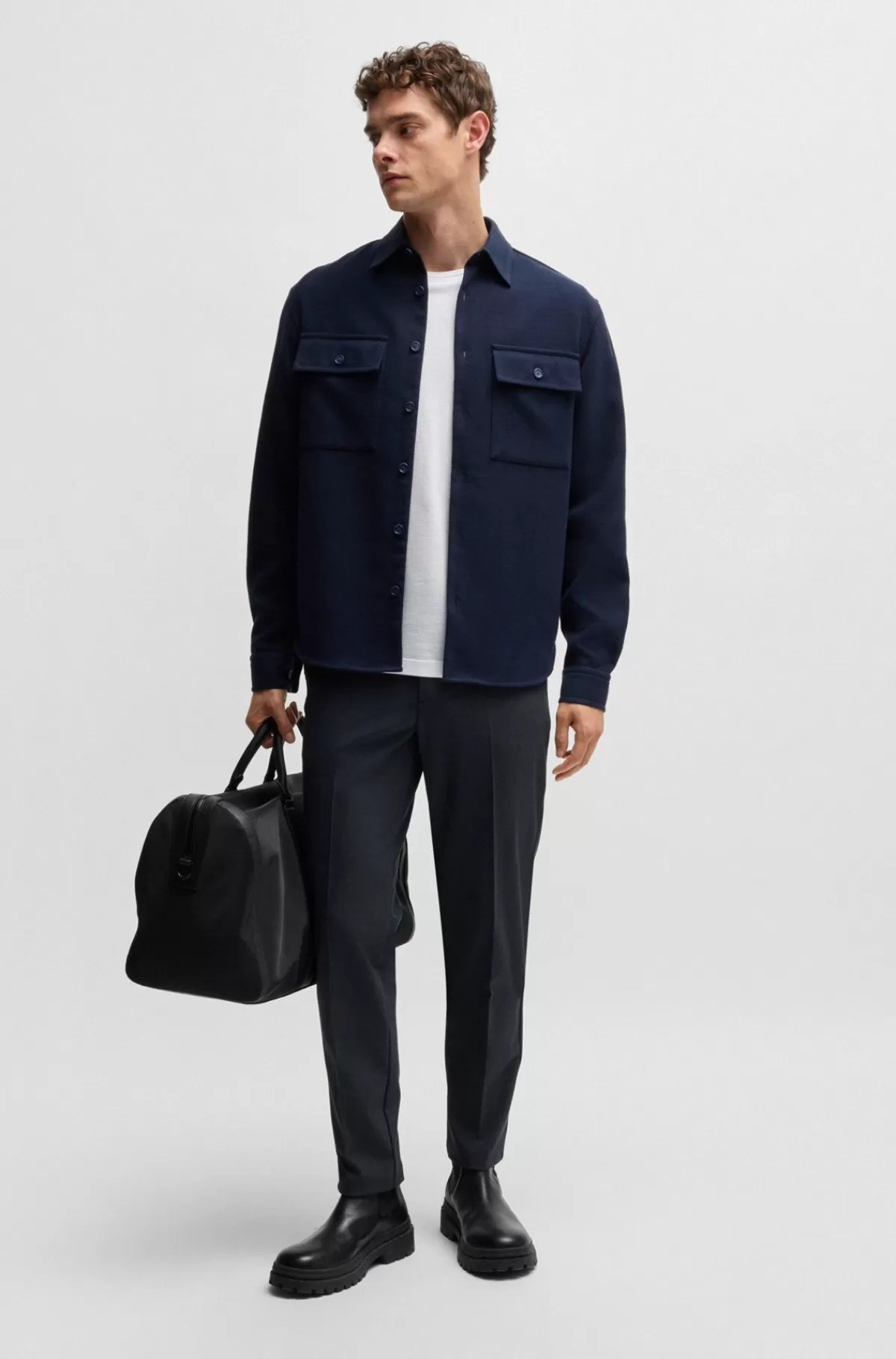 HUGO BOSS Slim Fit Bukser I Stof Med Stræk Og Mikromønster Mørkeblå Online