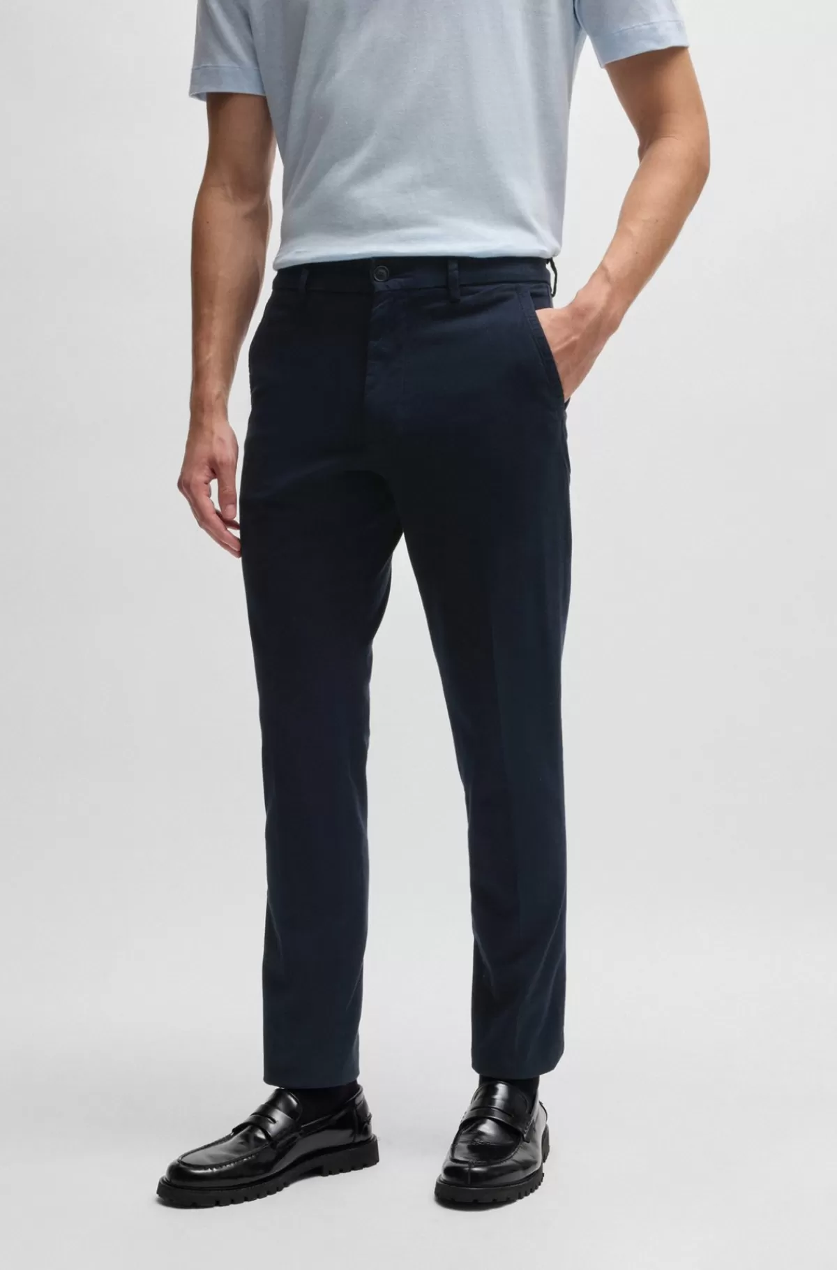HUGO BOSS Slim Fit Bukser I Struktureret Bomuldsblanding Mørkeblå Sale