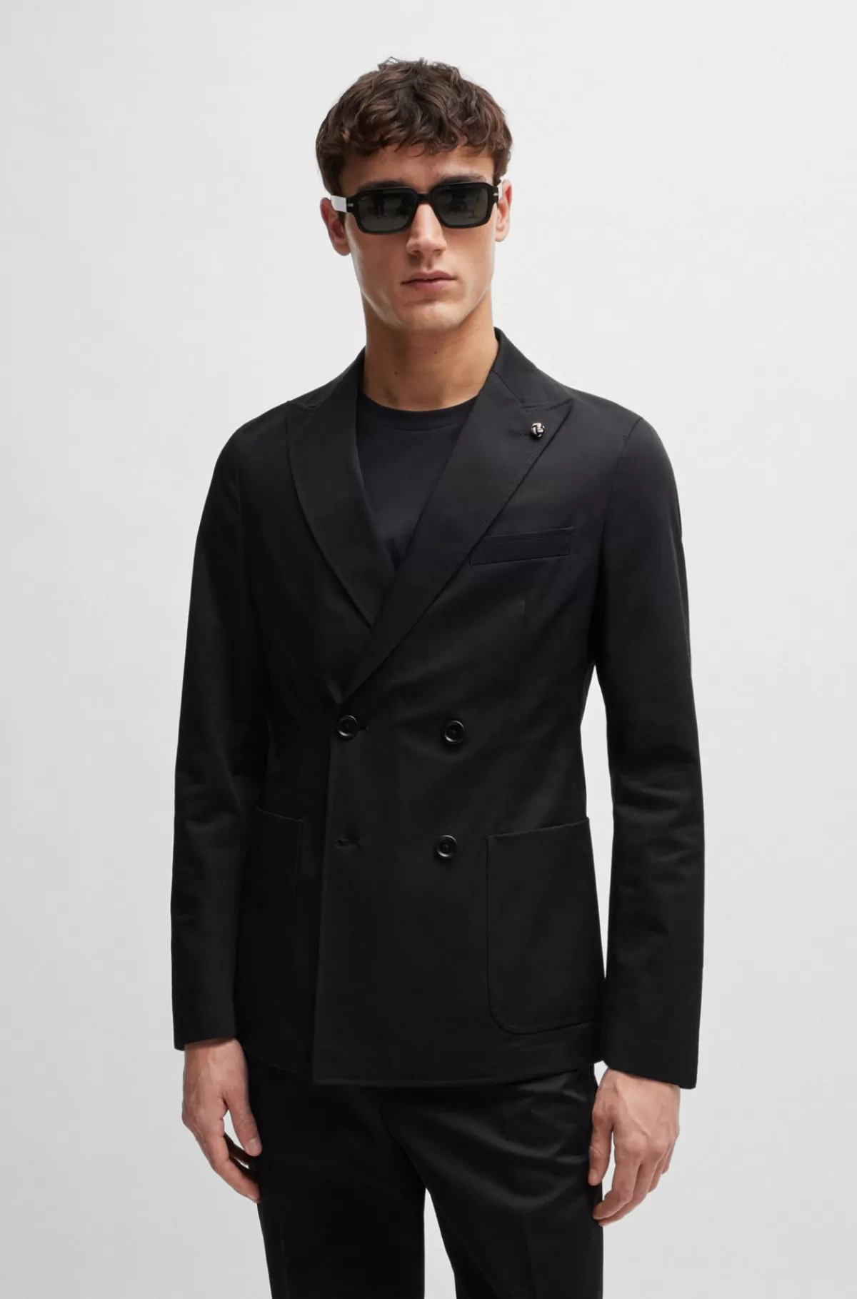 HUGO BOSS Slim Fit Dobbeltradet Jakke I Bomuld Med Stræk Sort Outlet