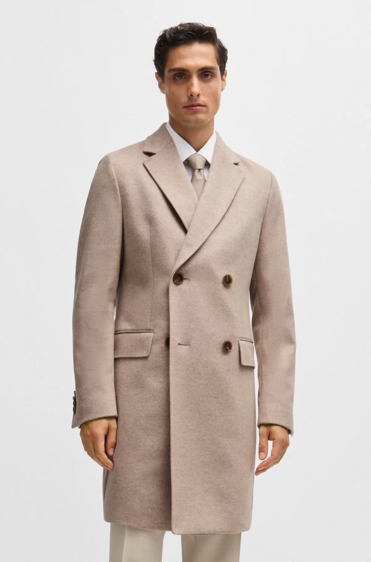 HUGO BOSS Slim Fit Frakke I En Uldblanding Med Kashmir Lysebrun Shop