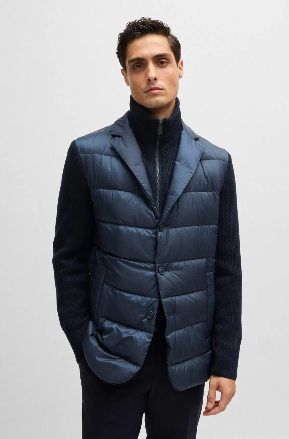 HUGO BOSS Slim Fit Hybridjakke Med Strikket Indsats Mørkeblå Fashion