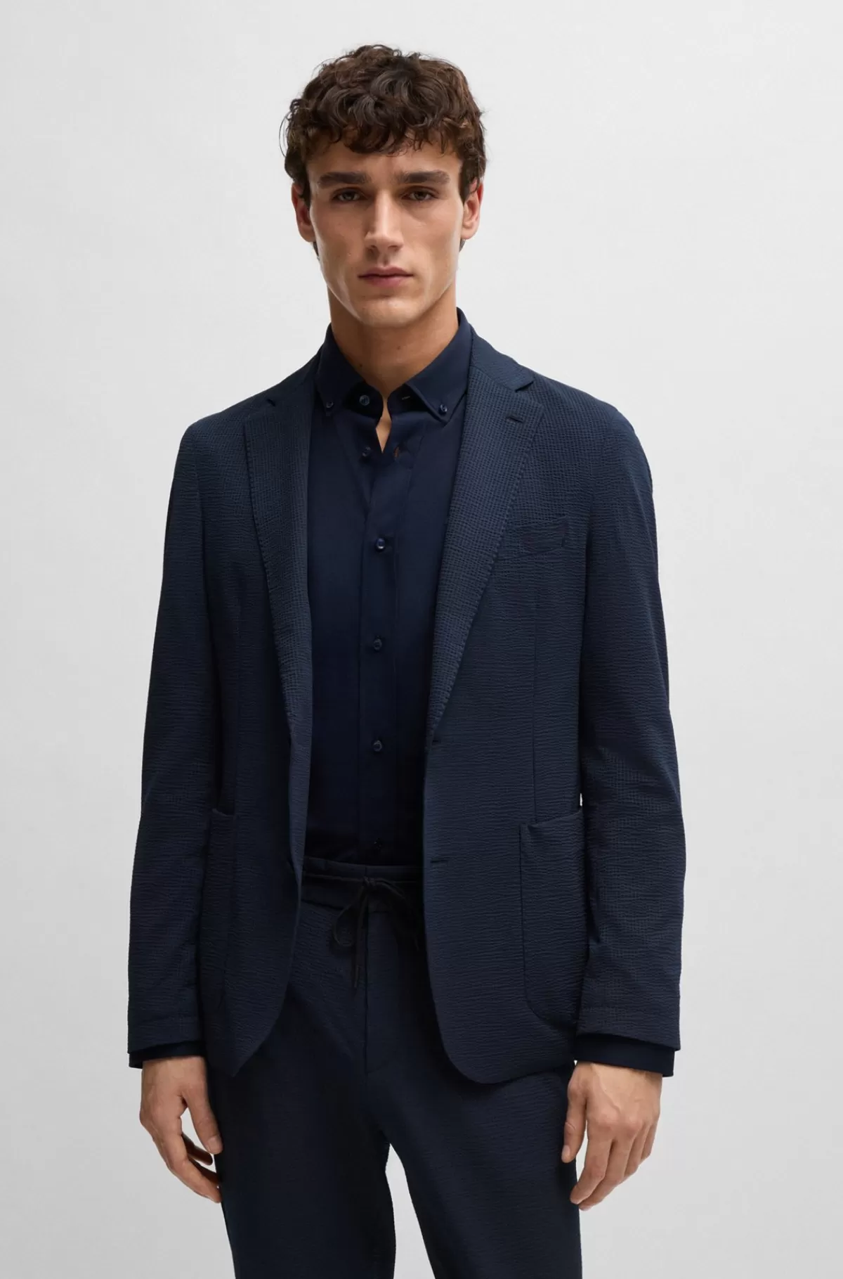 HUGO BOSS Slim Fit Jakke I Bæk Og Bølge Med Performance-stræk Mørkeblå Best