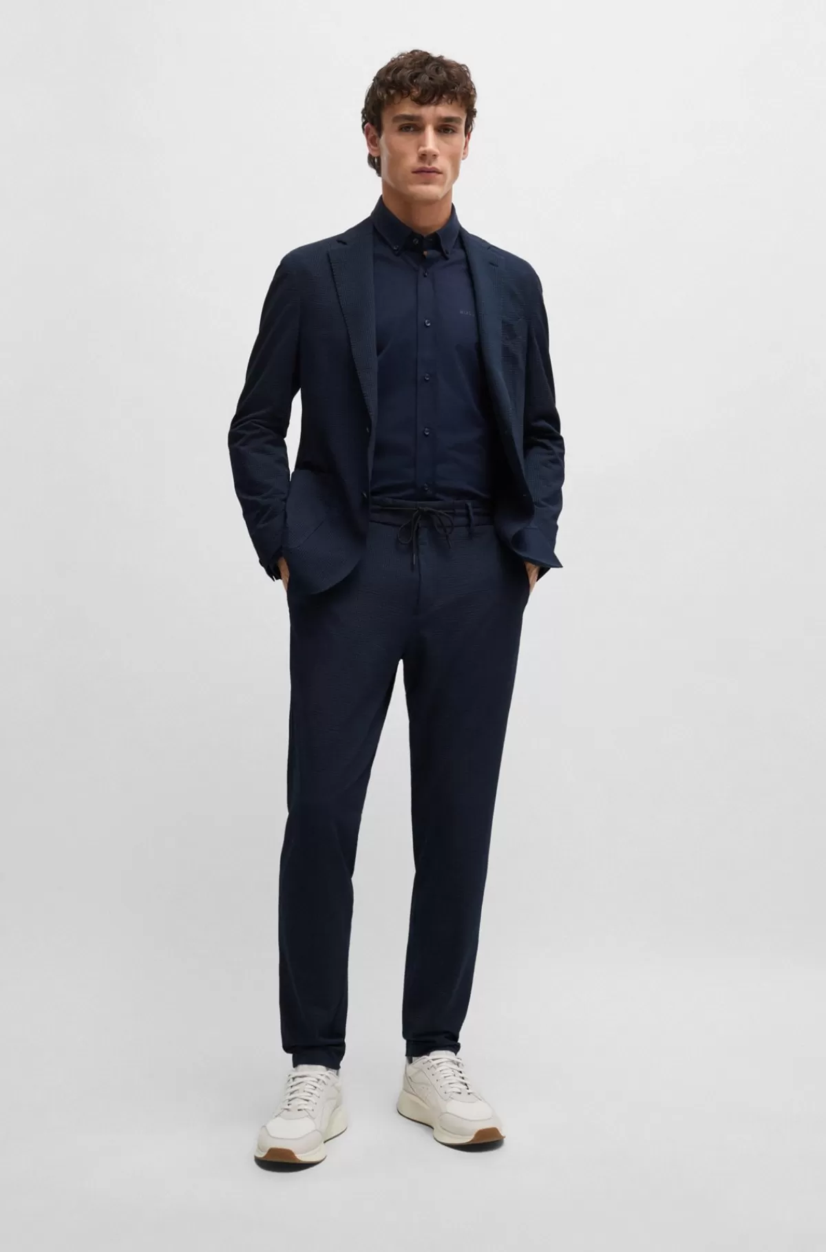 HUGO BOSS Slim Fit Jakke I Bæk Og Bølge Med Performance-stræk Mørkeblå Best