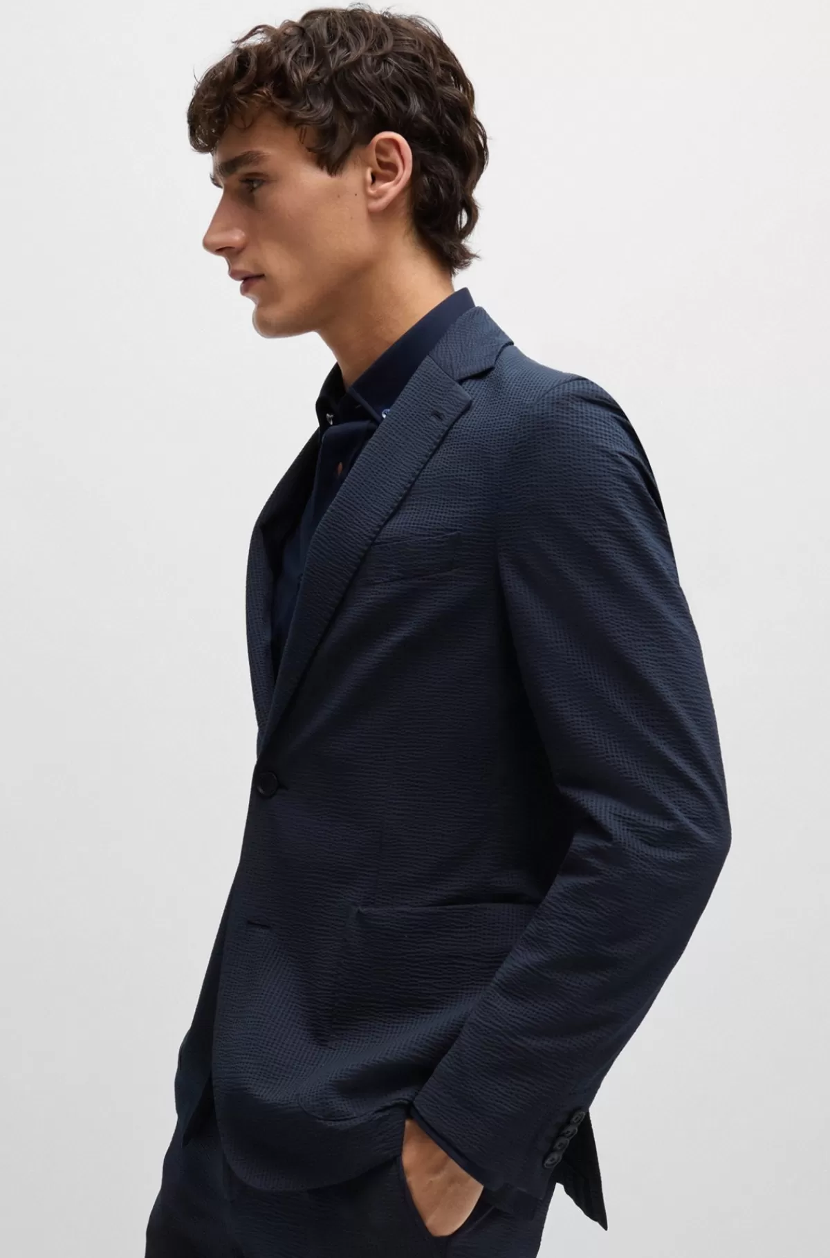 HUGO BOSS Slim Fit Jakke I Bæk Og Bølge Med Performance-stræk Mørkeblå Best