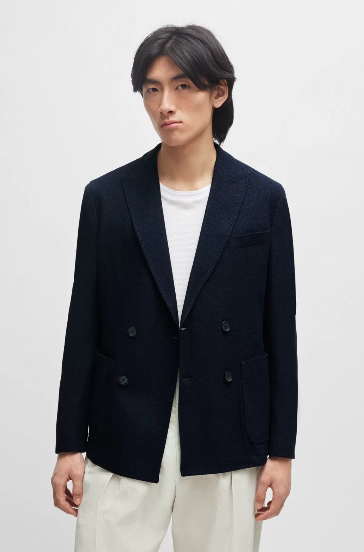 HUGO BOSS Slim Fit Jakke I Bomuld Med Mikromønster Mørkeblå Cheap