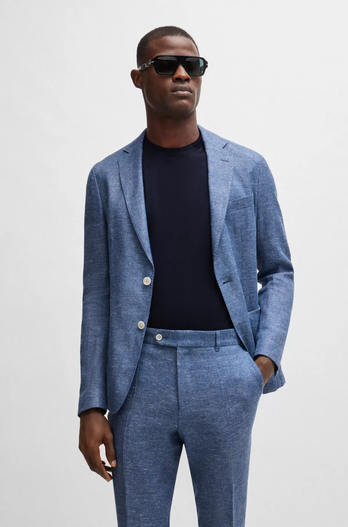 HUGO BOSS Slim Fit Jakke I Hørblanding Med Mikromønster Blå Clearance