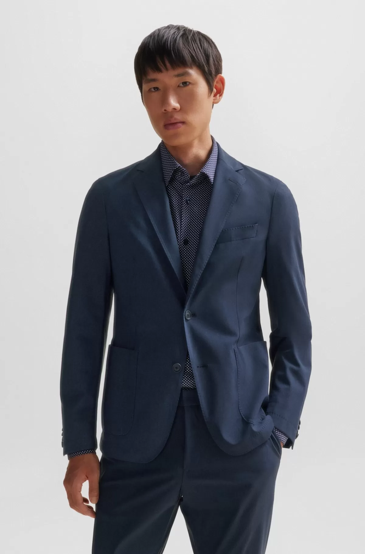 HUGO BOSS Slim Fit Jakke I Jersey Med Performance-stræk Og Mikromønster Mørkeblå Discount
