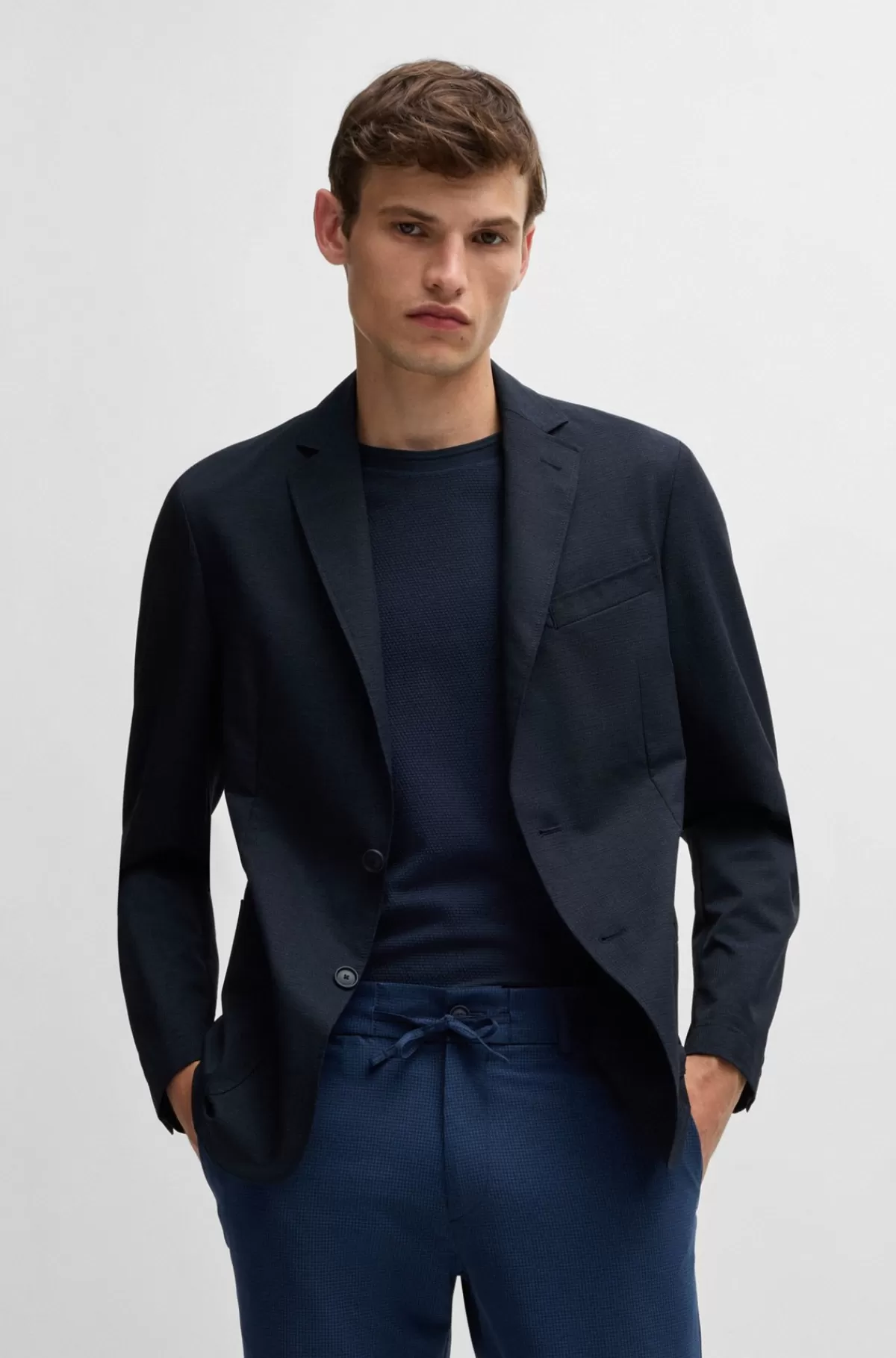 HUGO BOSS Slim Fit Jakke I Krølresistent Mesh Mørkeblå Cheap