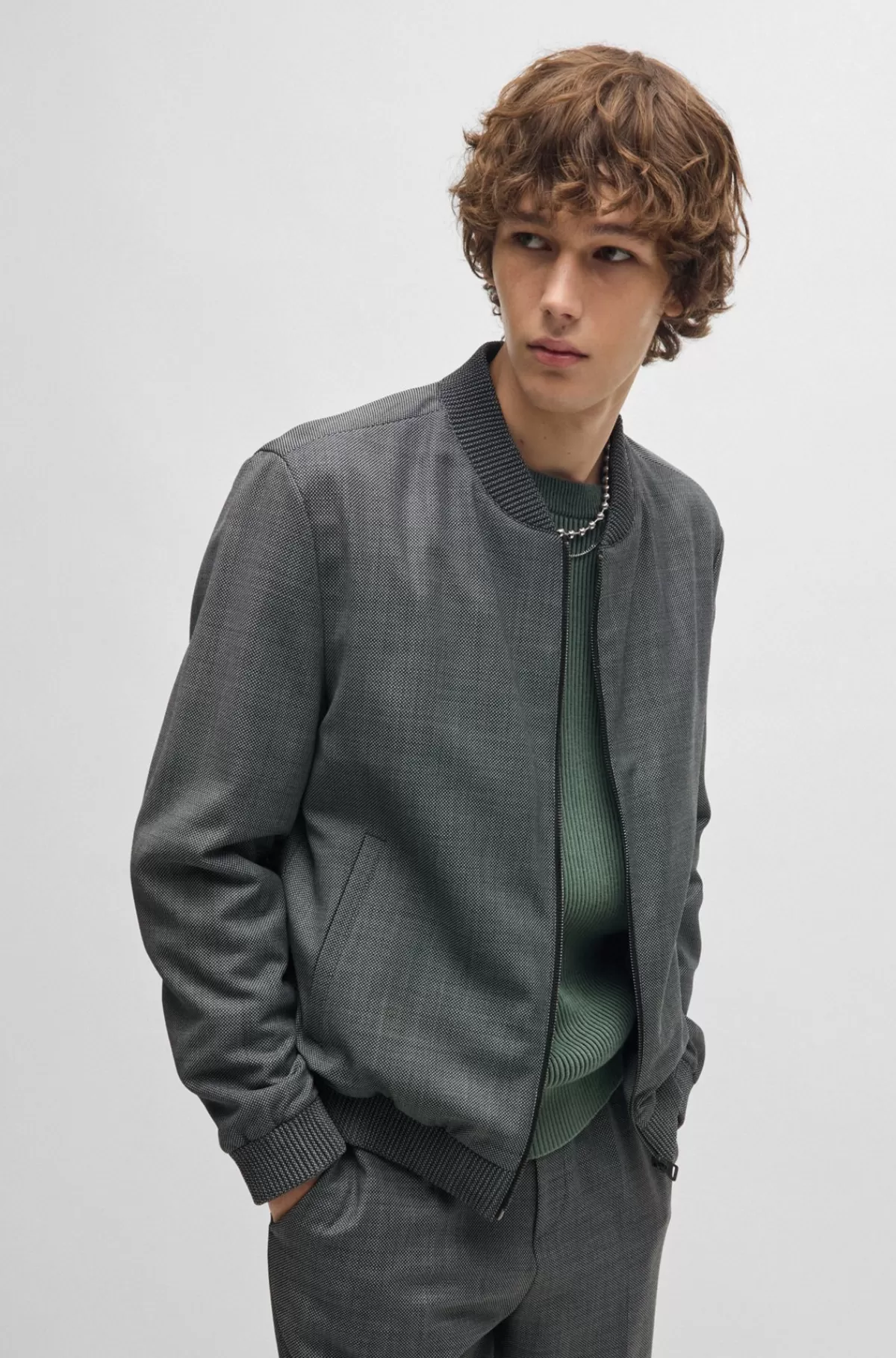 HUGO BOSS Slim Fit Jakke I Mikromønstret Birdseye-stof Grå Outlet