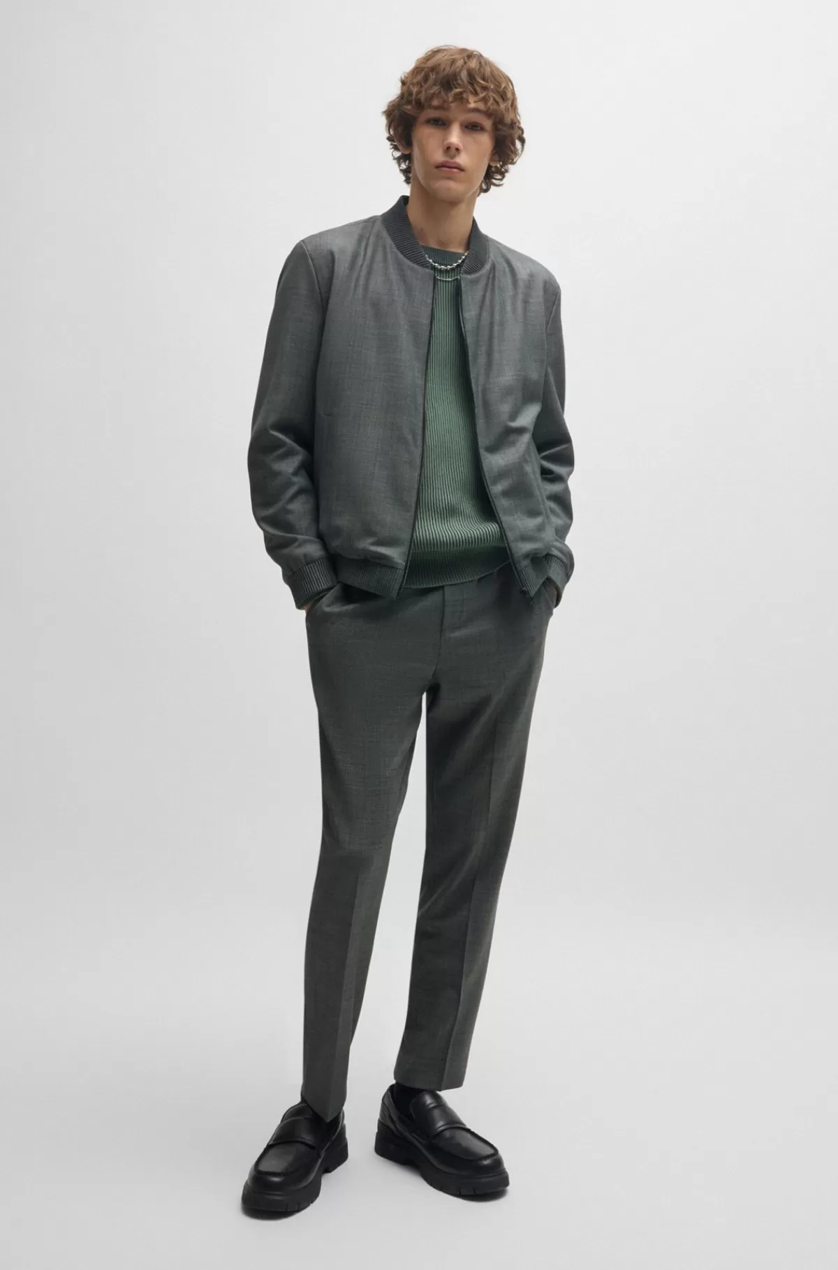 HUGO BOSS Slim Fit Jakke I Mikromønstret Birdseye-stof Grå Outlet